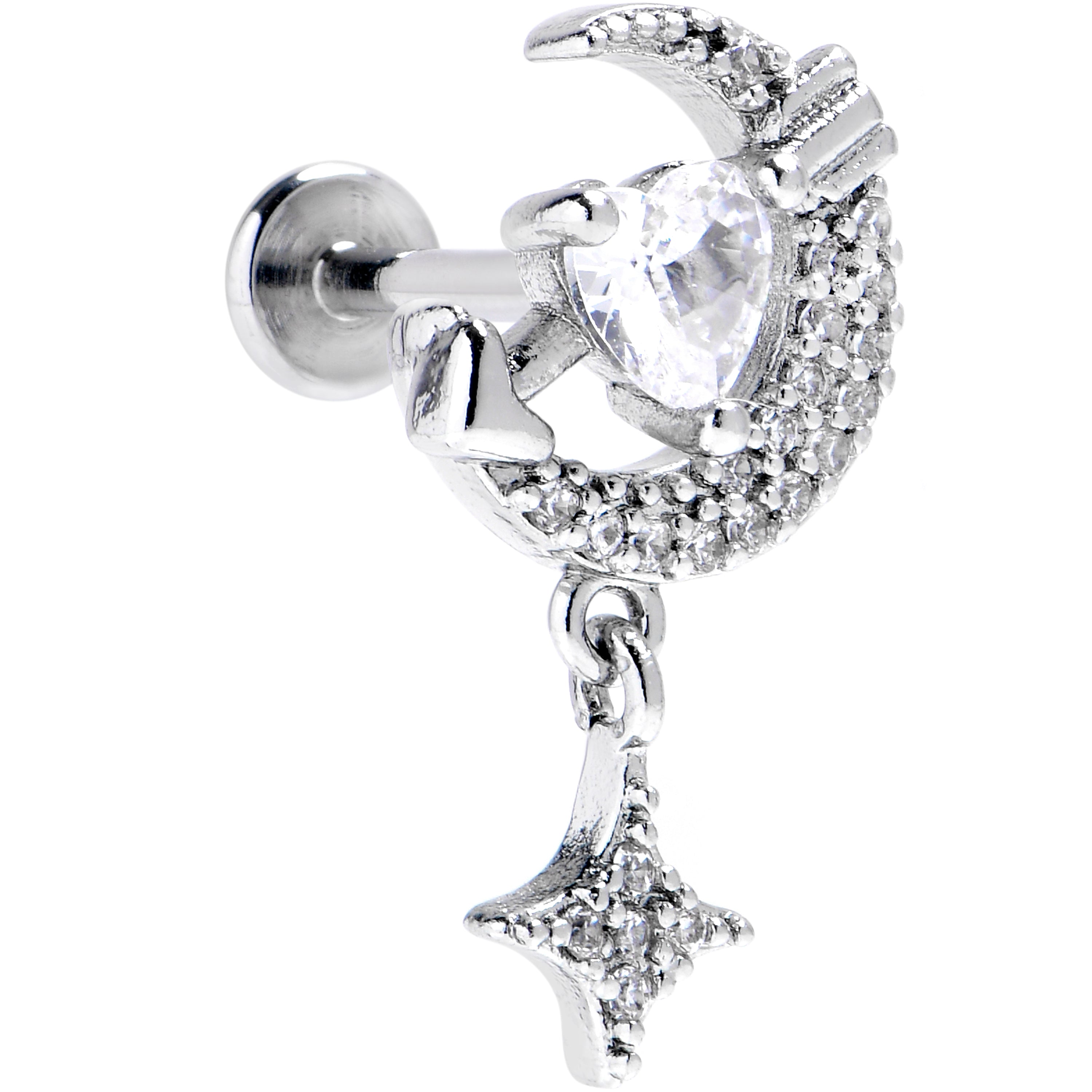 16G 5/16 Clear CZ Gem Moon Lover Internally Threaded Labret Tragus