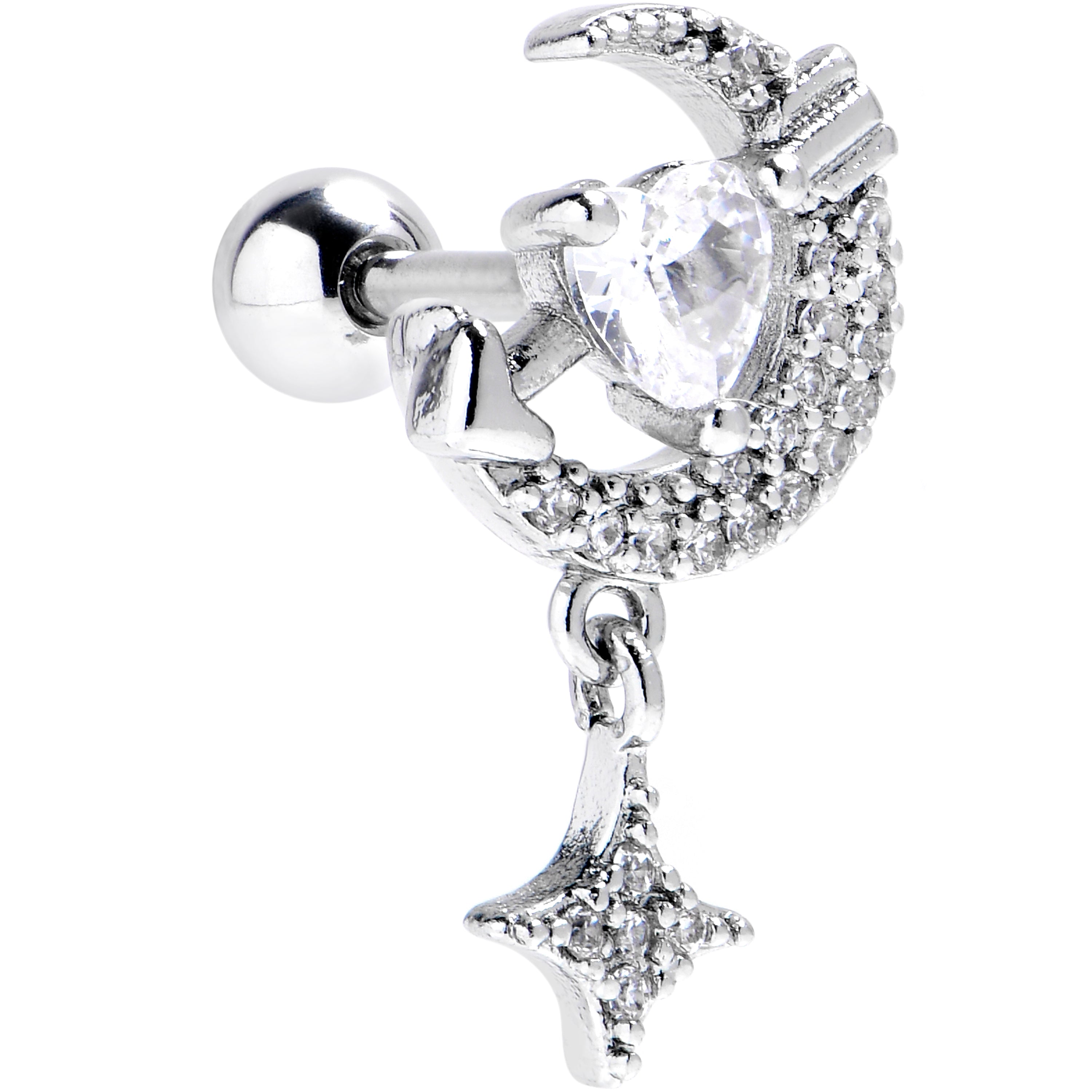 16G 1/4 Clear CZ Gem Moon Lover Cartilage Tragus Earring