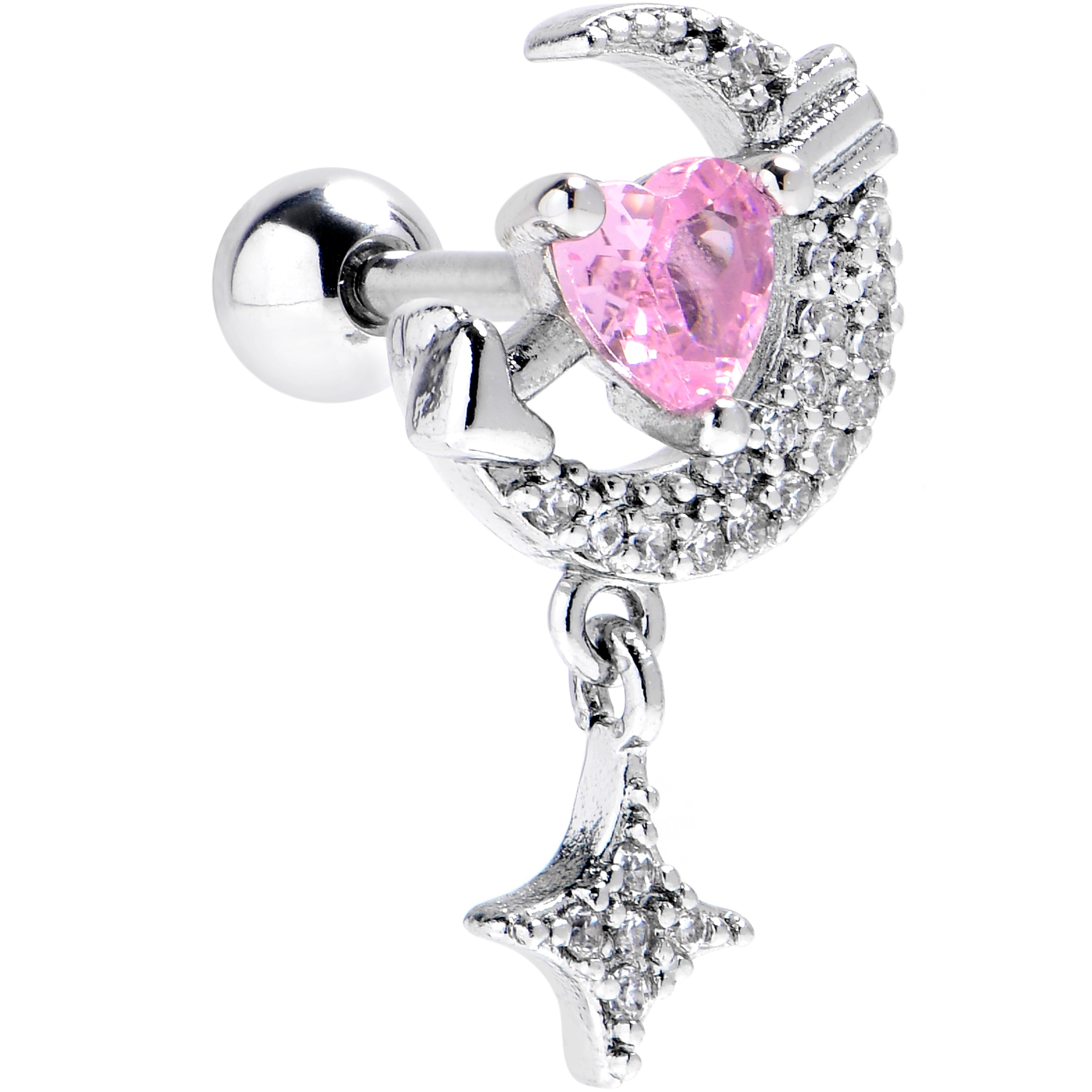 16G 1/4 Pink CZ Gem Moon Lover Cartilage Tragus Earring