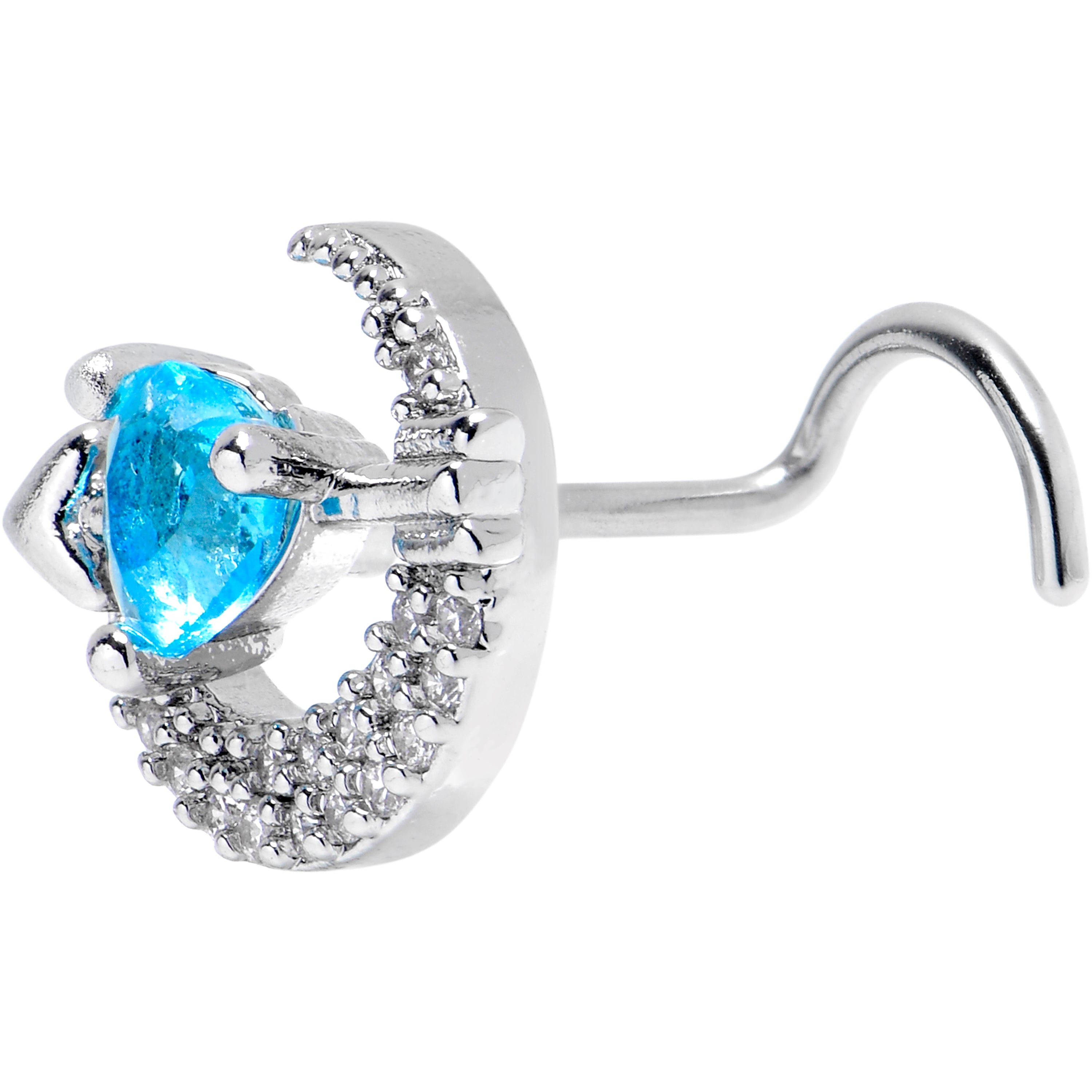 20G 7mm Blue Clear CZ Gem Moon Lover Left Side Nose Screw