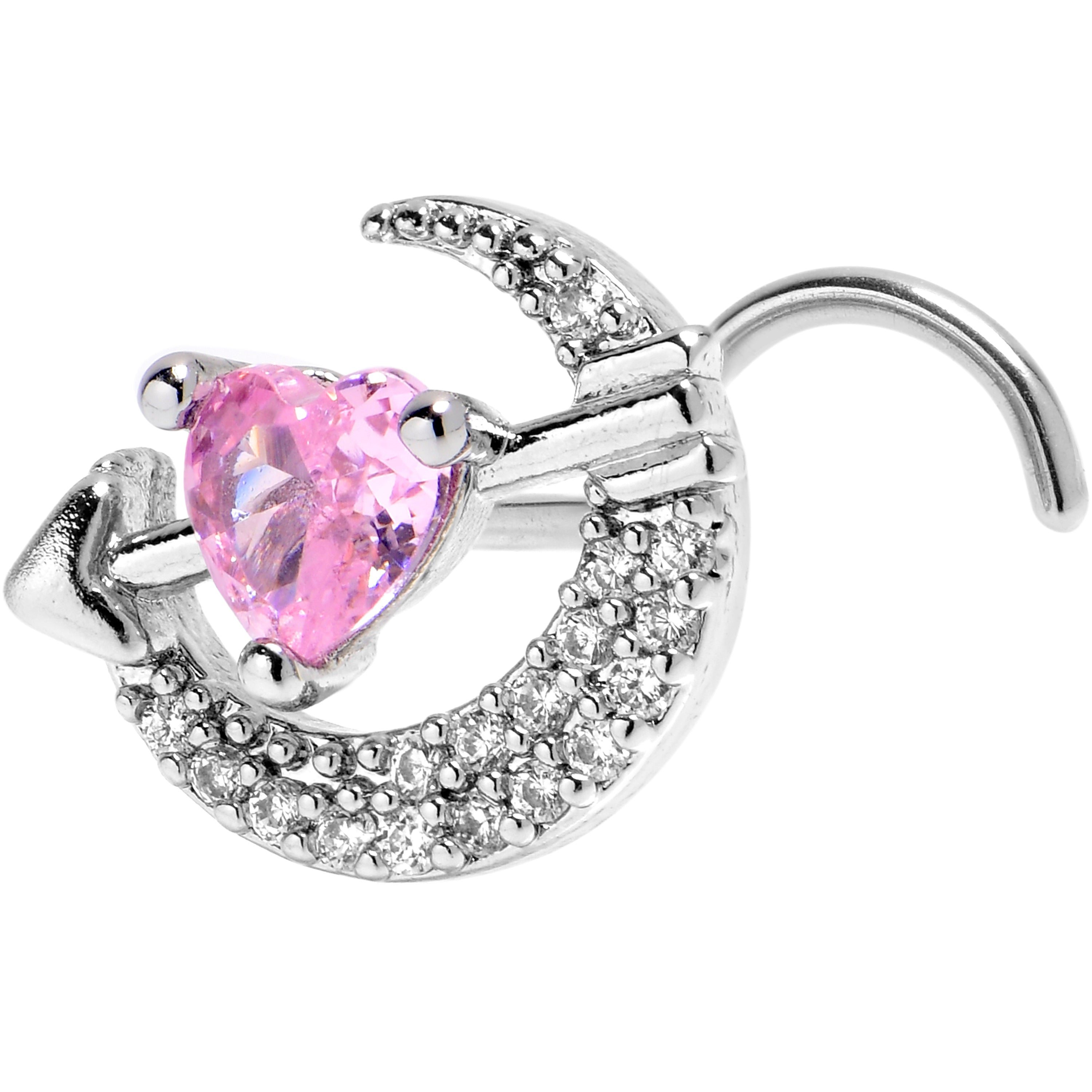 20G 7mm Pink Clear CZ Gem Moon Lover Left Side Nose Screw