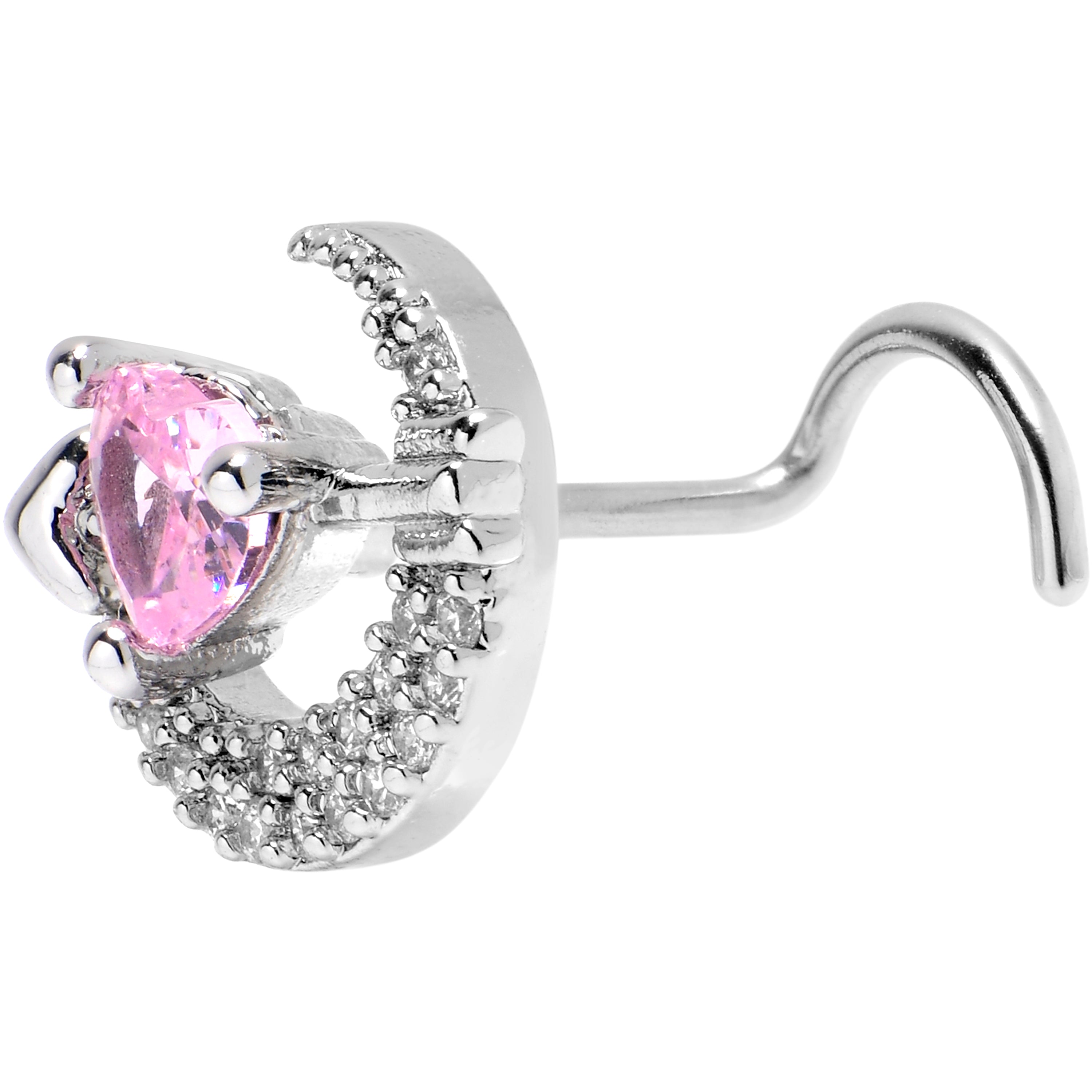 20G 7mm Pink Clear CZ Gem Moon Lover Left Side Nose Screw