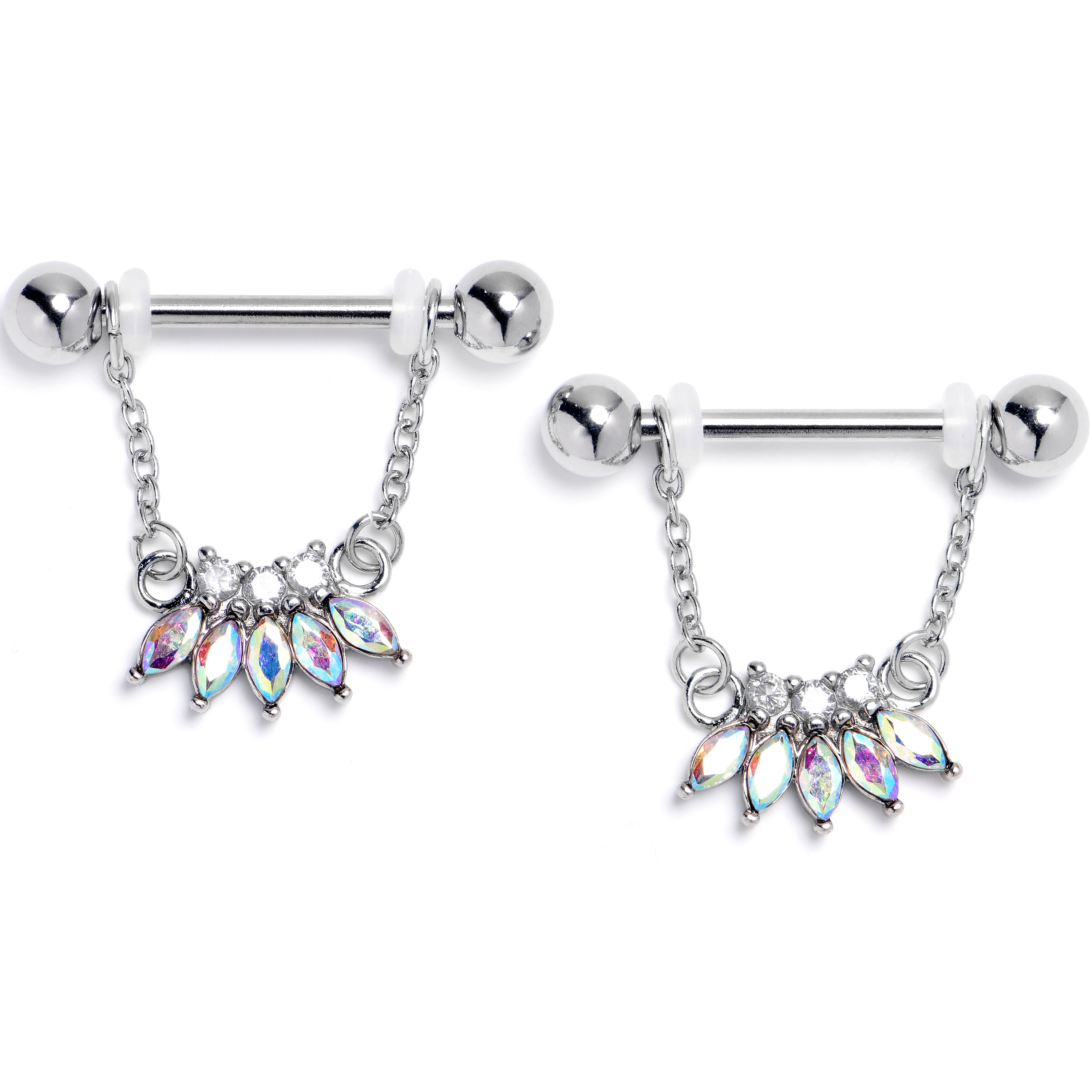 14G 9/16 Aurora Gem Fashion Fan Chain Dangle Nipple Ring Set