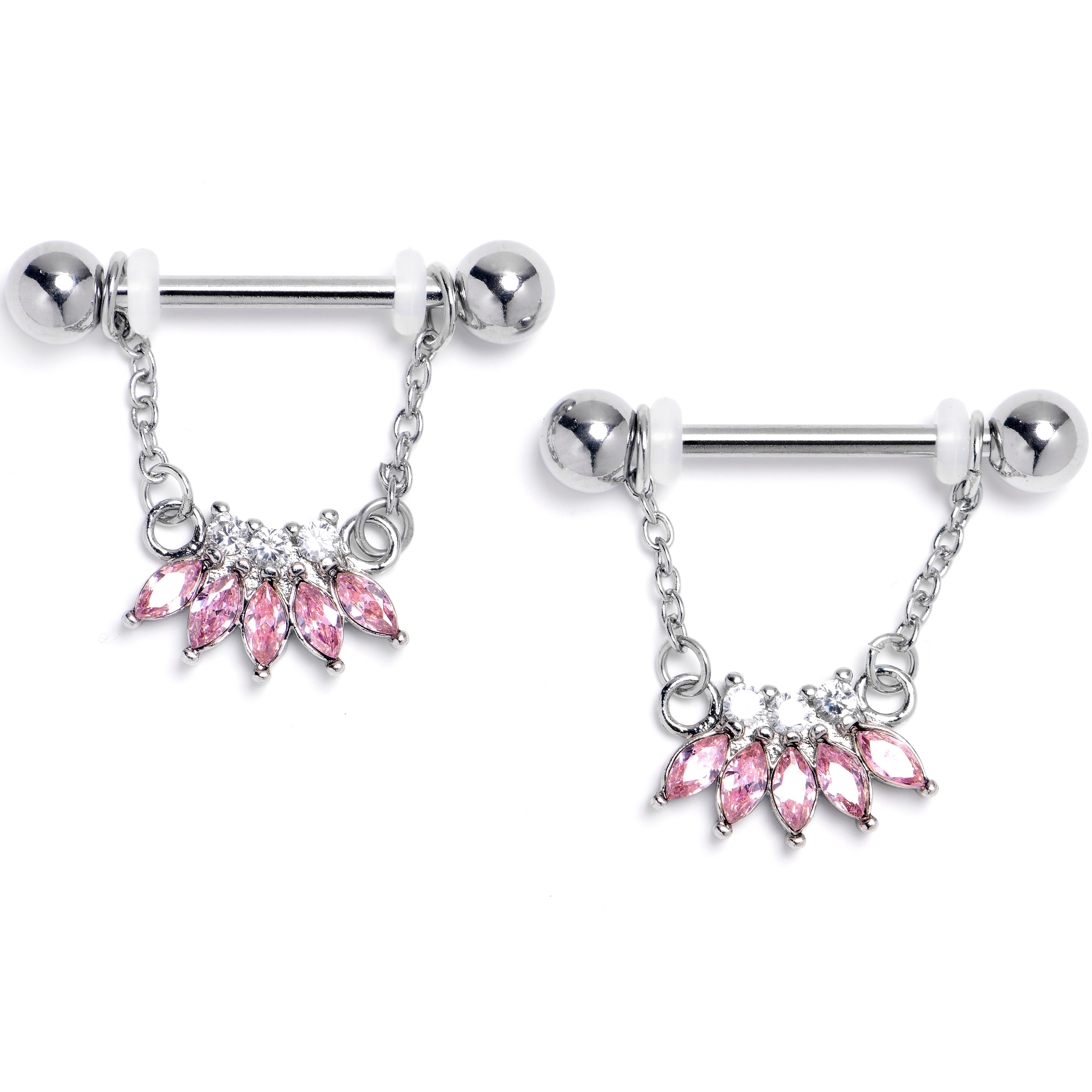 14G 9/16 Pink Gem Fashion Fan Chain Dangle Nipple Ring Set