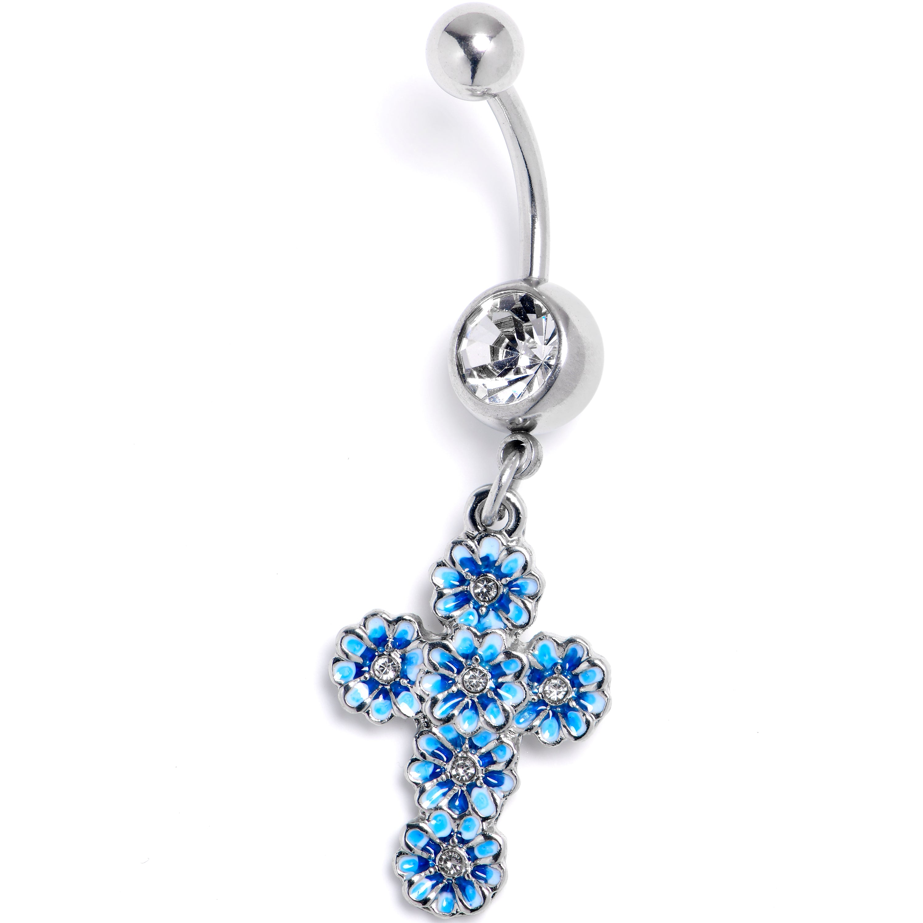 Clear Gem Beautifully Blue Flower Cross Dangle Belly Ring