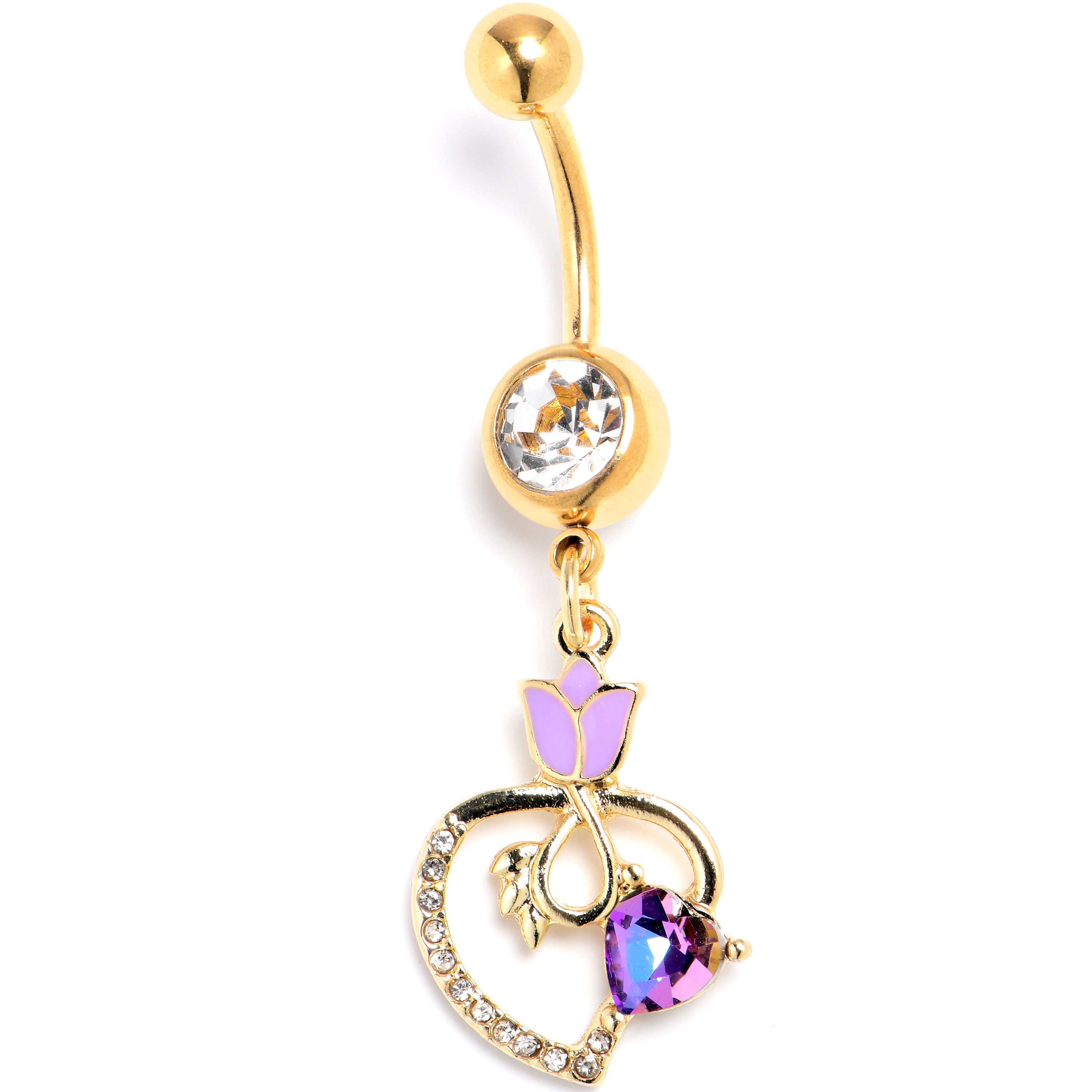 Purple Clear Gem Gold Tone Tulip Heart Flower Dangle Belly Ring