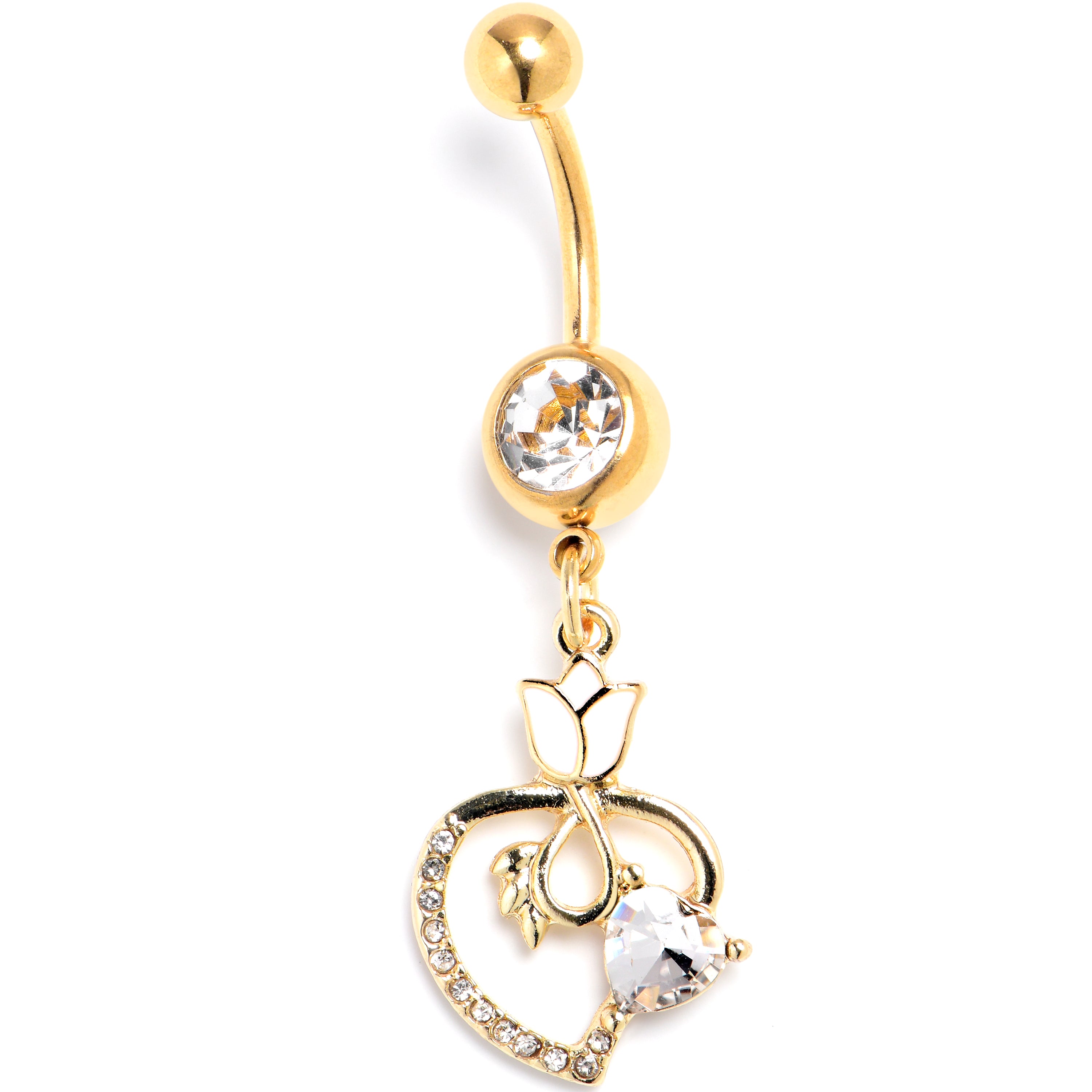 Clear Gem Gold Tone Tulip Heart Flower Dangle Belly Ring