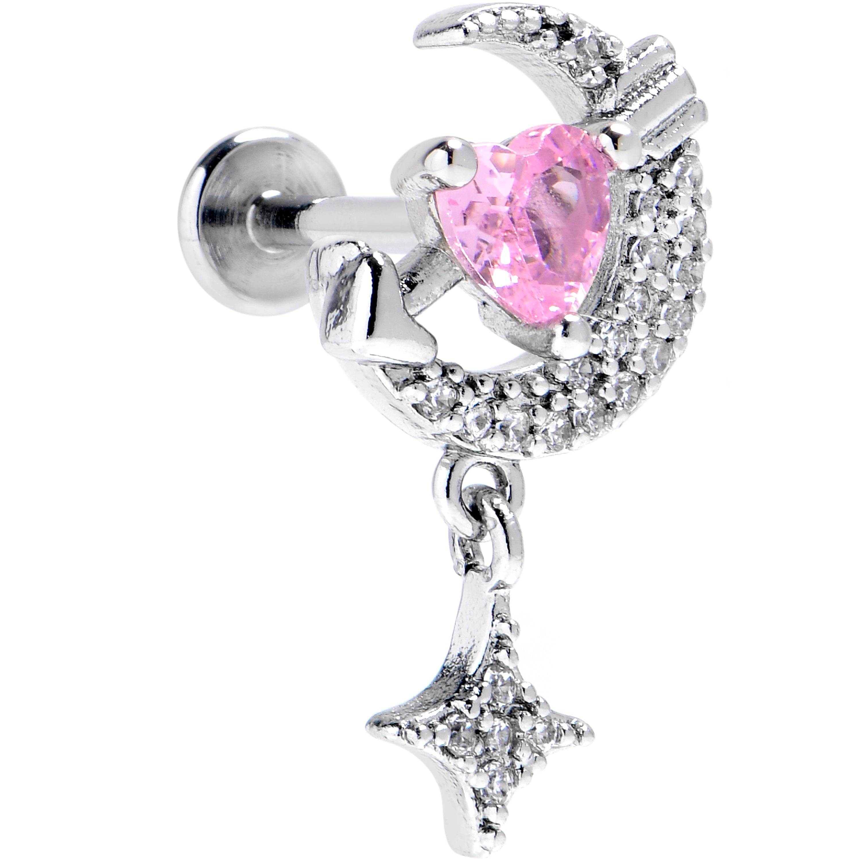 16G Pink CZ Gem Moon Lover Internally Threaded Labret Monroe Tragus