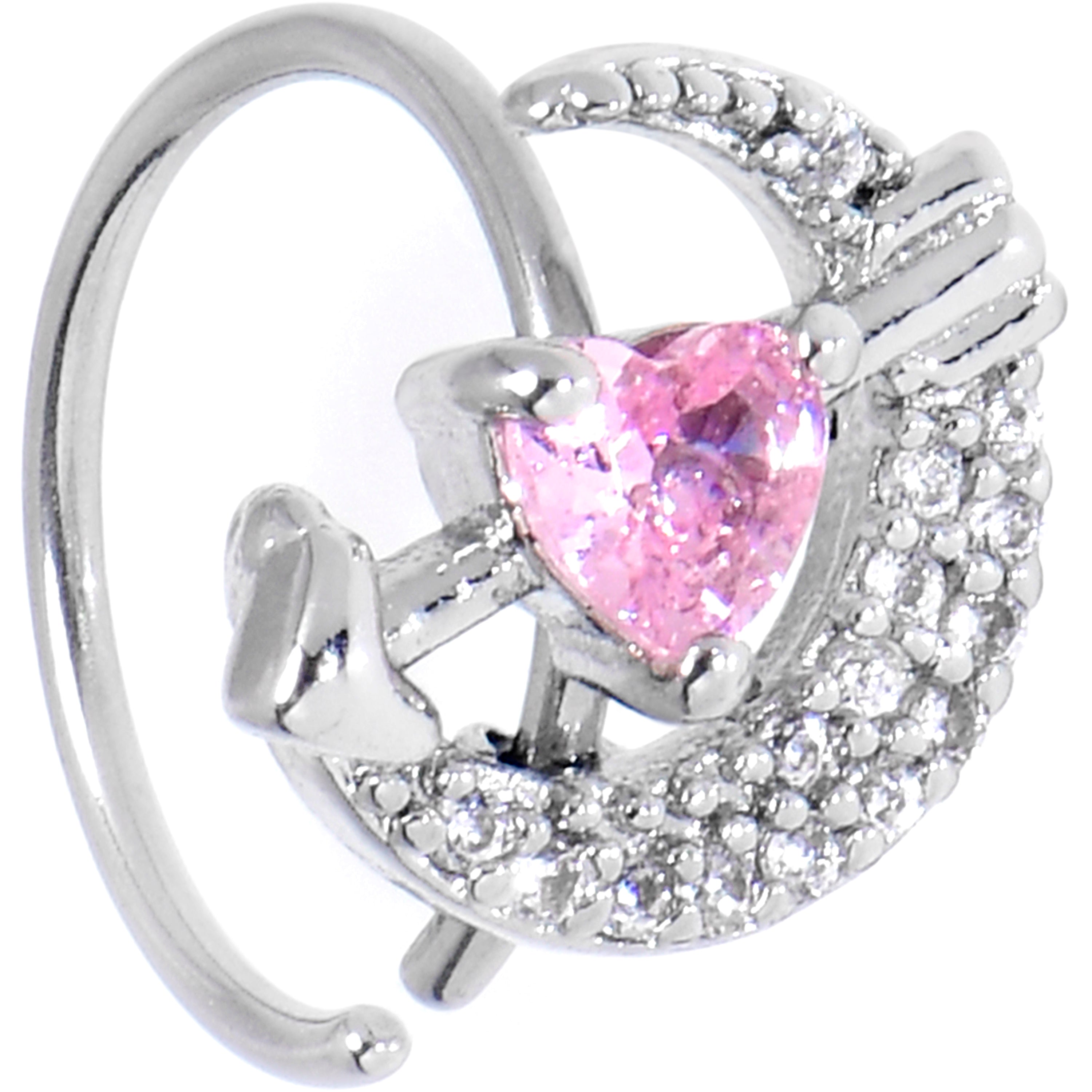 20G 5/16 Pink CZ Gem Moon Lover Nose Hoop