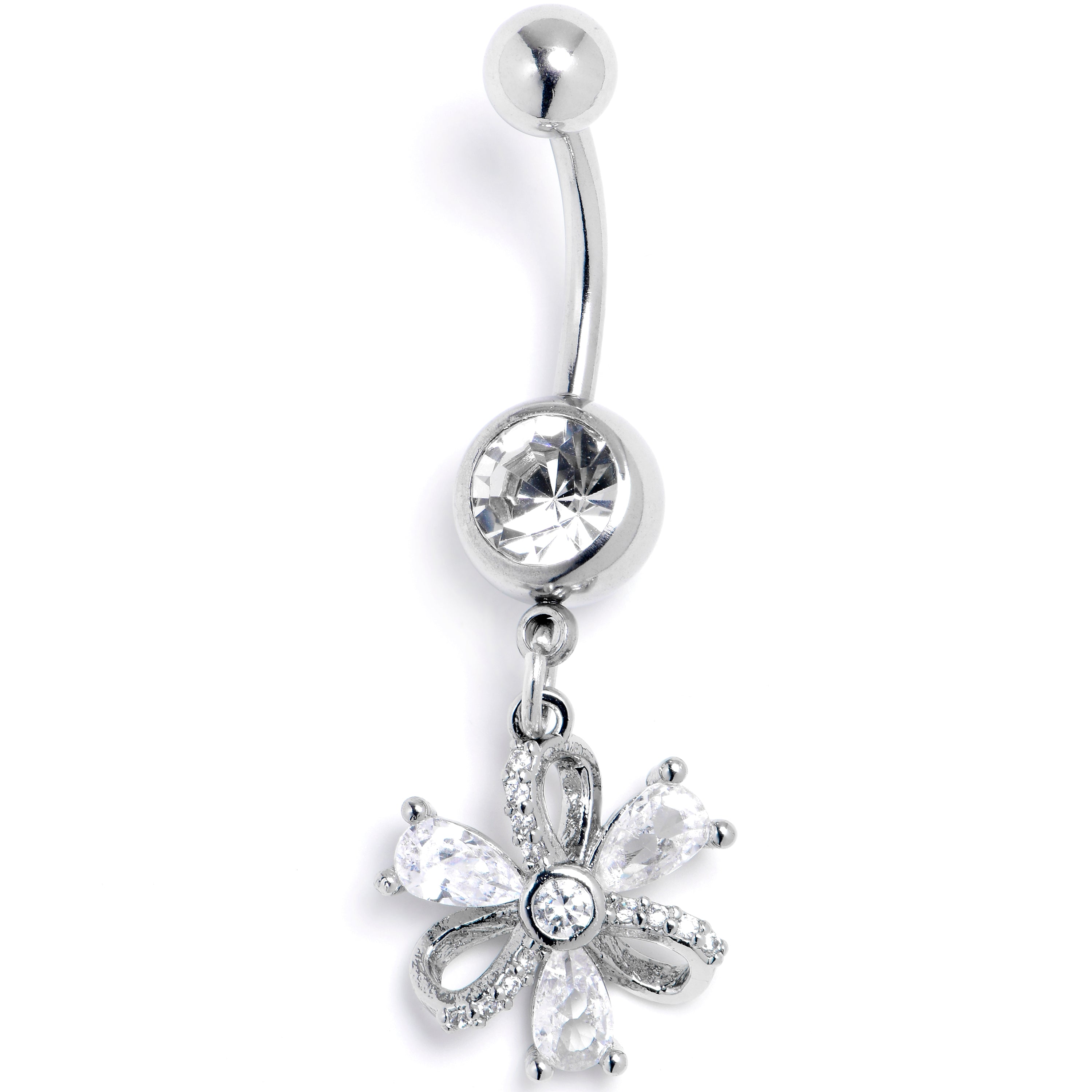 Clear CZ Gem Bling Flower Dangle Belly Ring