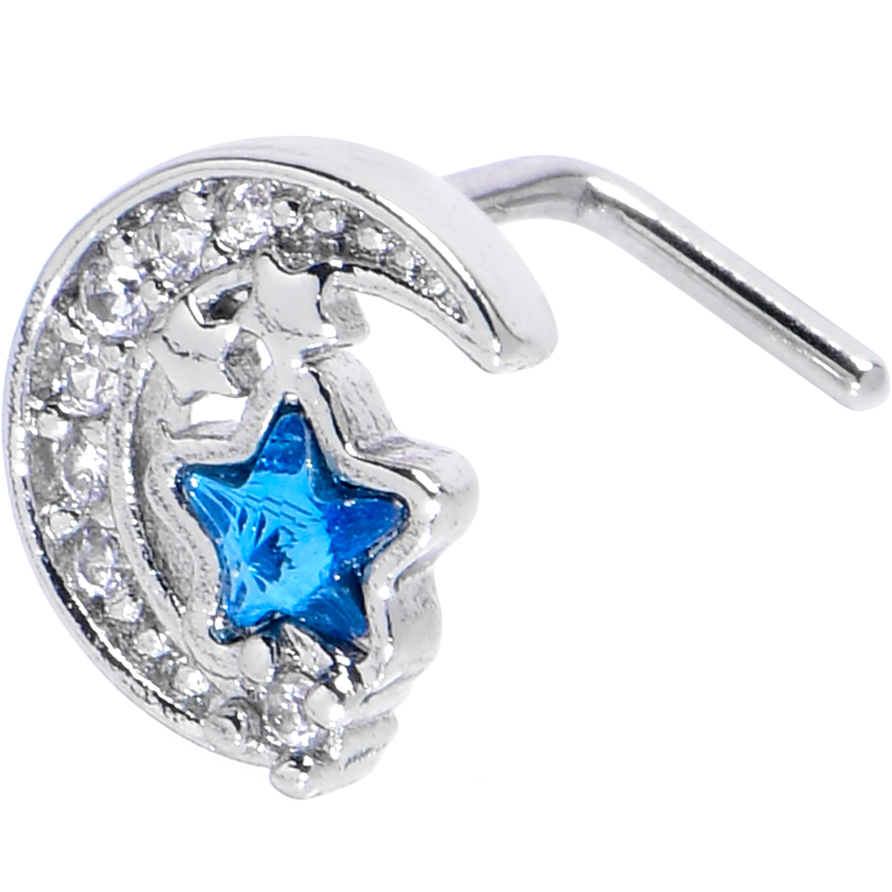 20G 7mm Blue CZ Gem Starry Night Sky L Shape Nose Ring