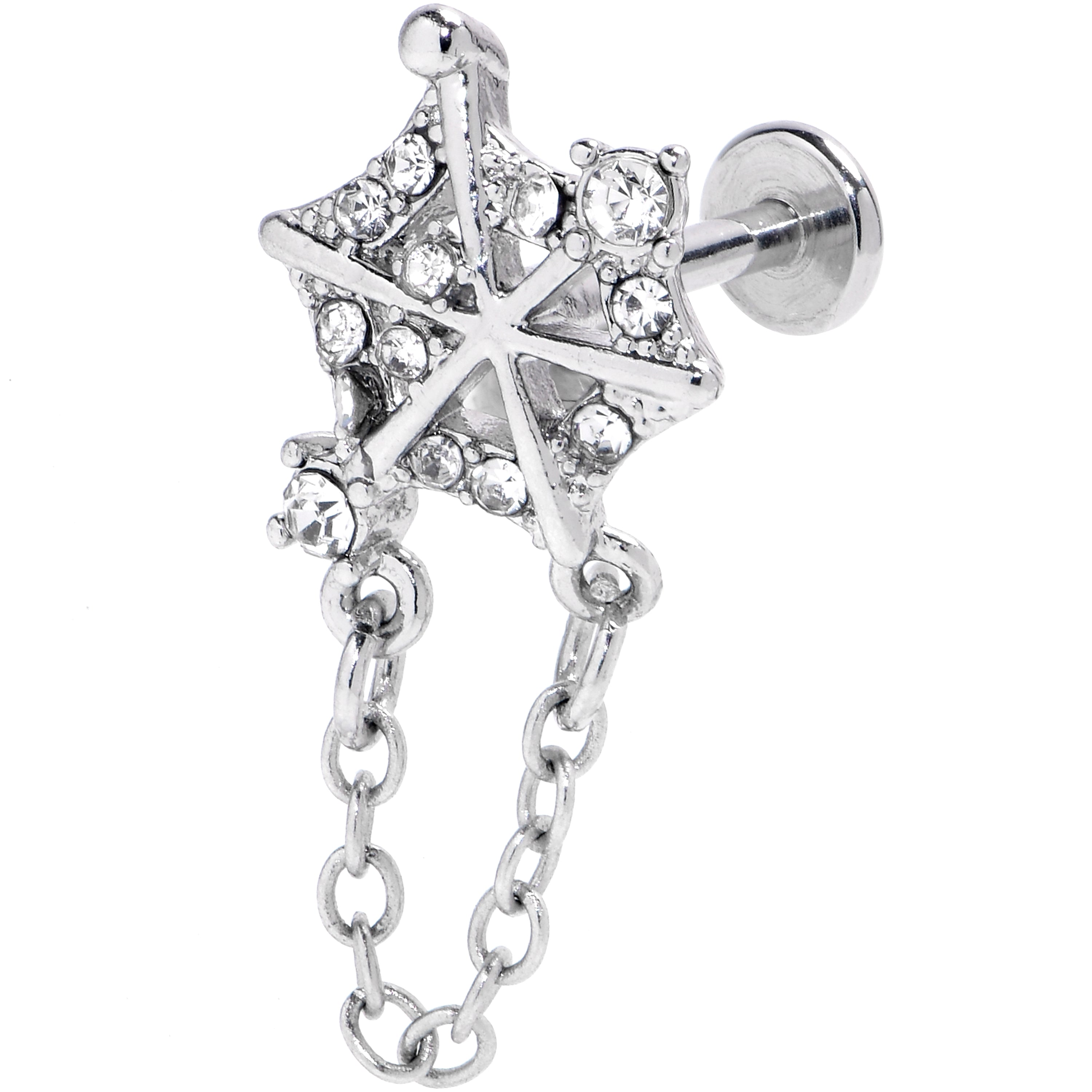 16G 5/16 Clear Gem Spiderweb Chain Dangle Labret Monroe Tragus