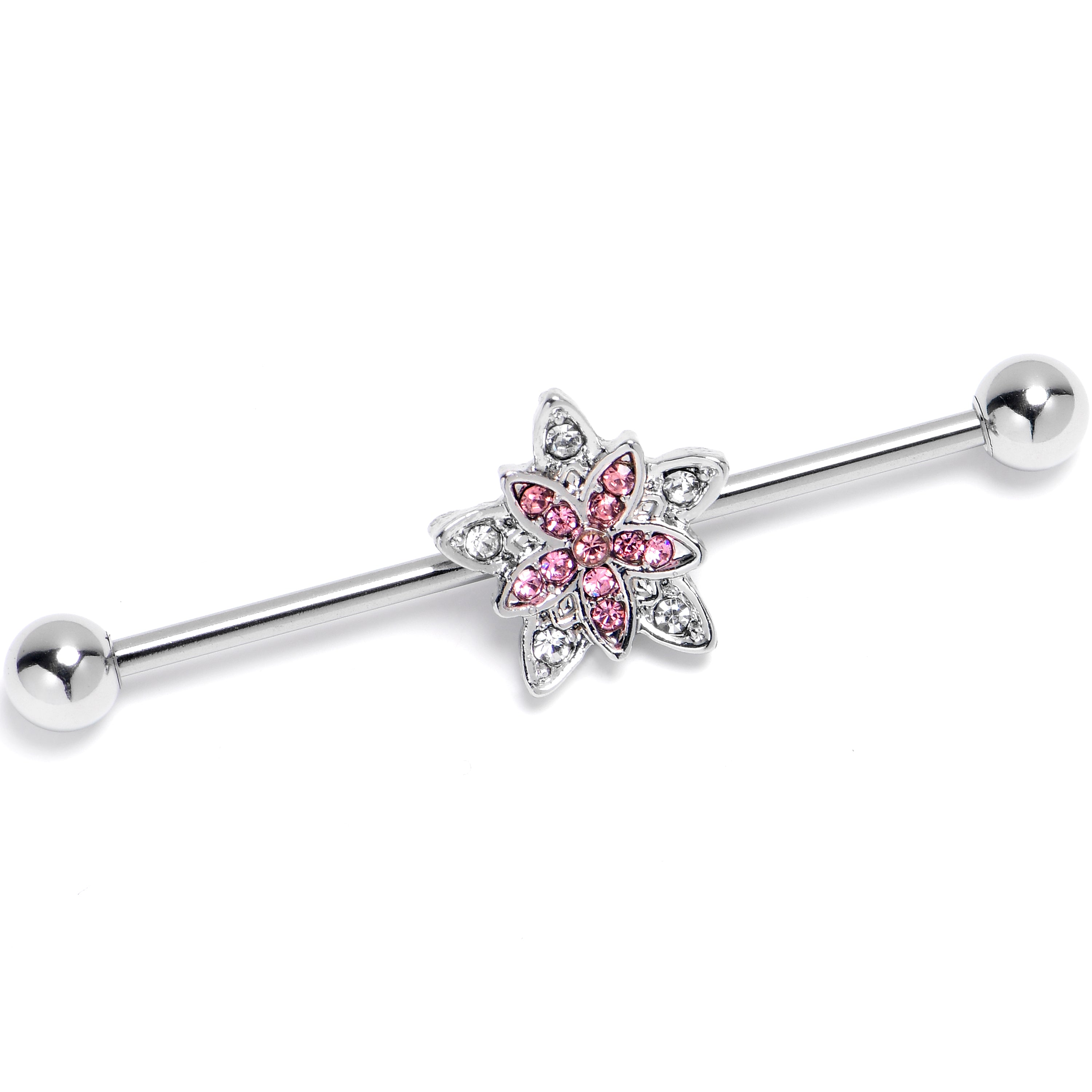 14G Clear Pink Gem Snowflake Flower Industrial Barbell 38mm