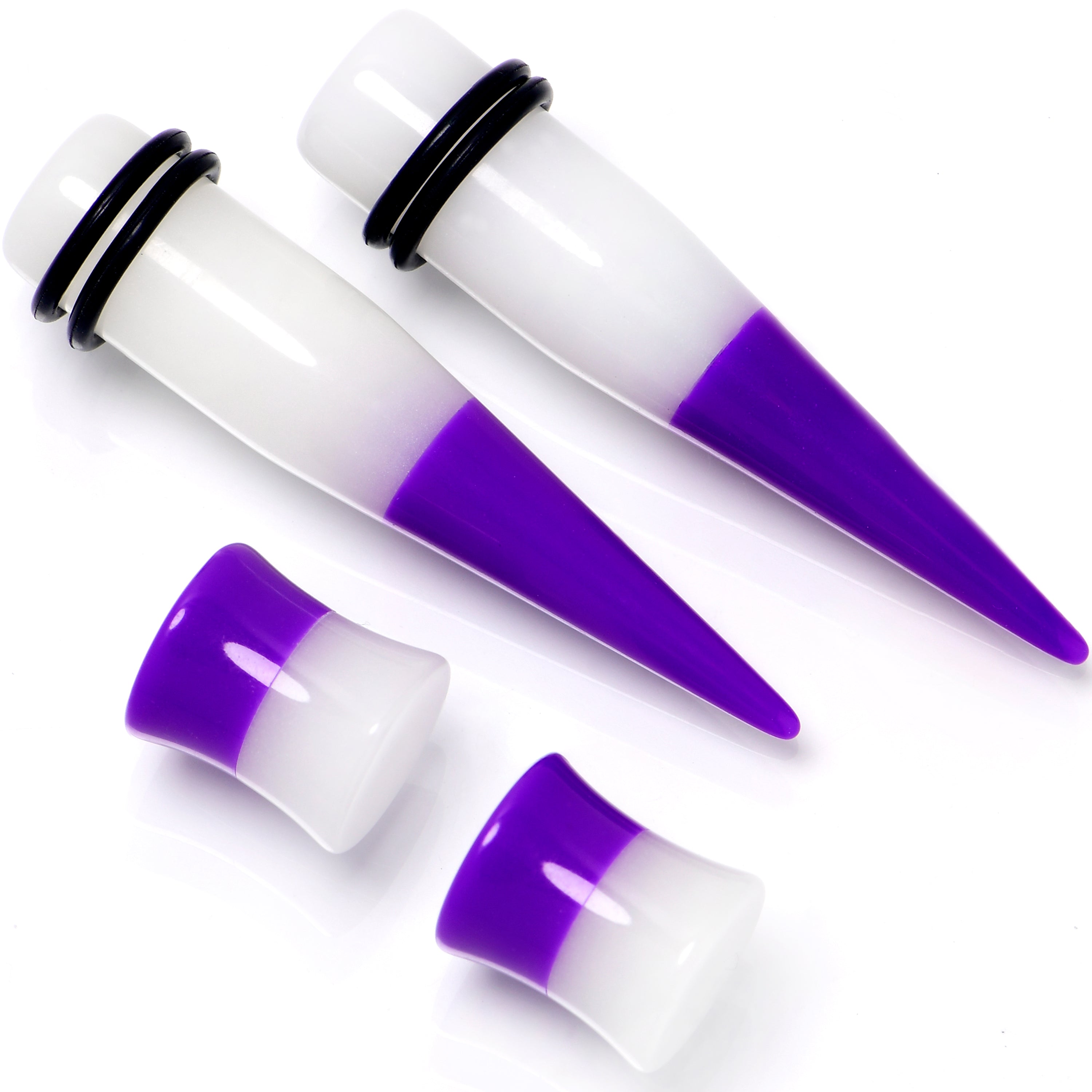 Purple White Acrylic Glow in the Dark Taper Saddle Plug Set 8mm to 16mm Sizes