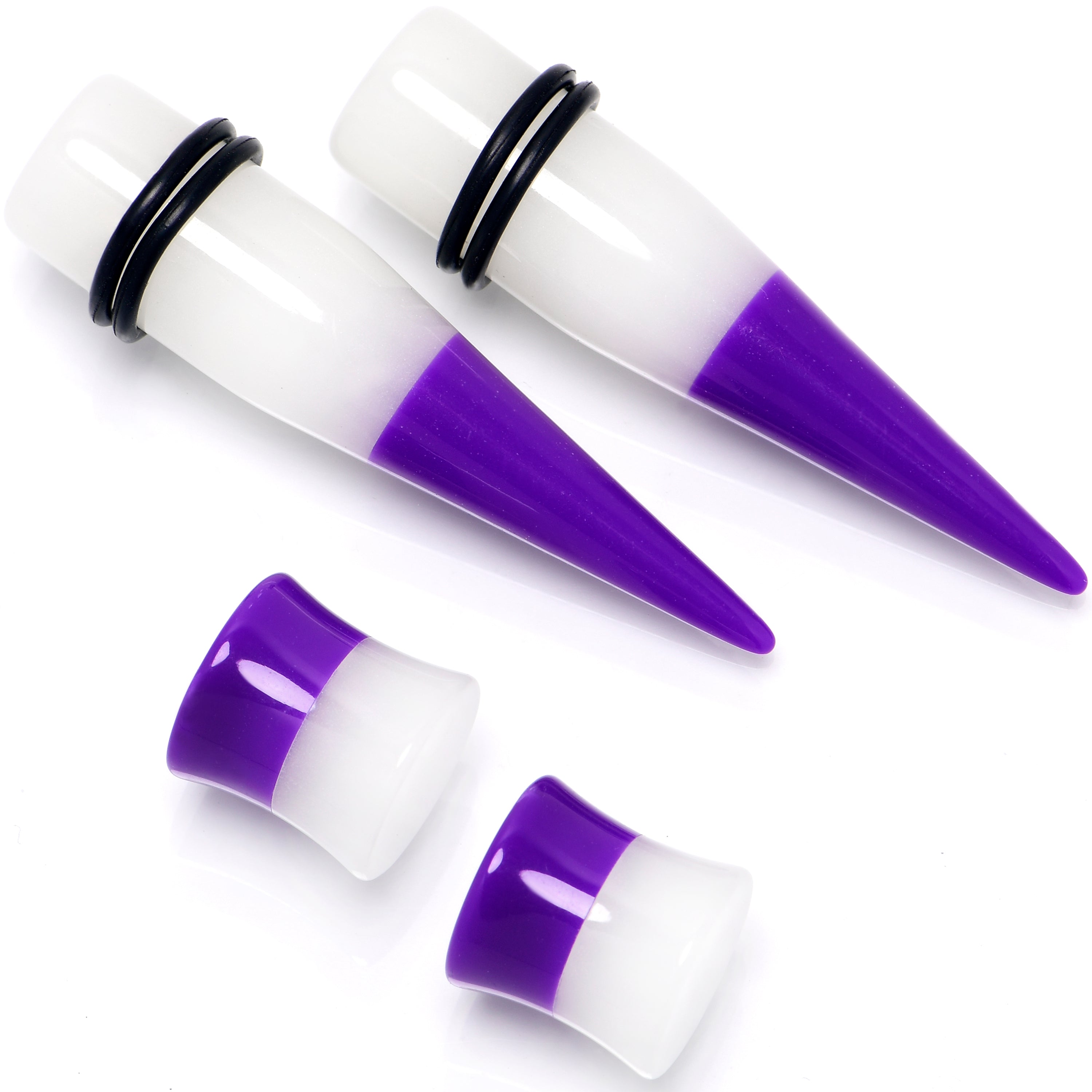 Purple White Acrylic Glow in the Dark Taper Saddle Plug Set 8mm to 16mm Sizes