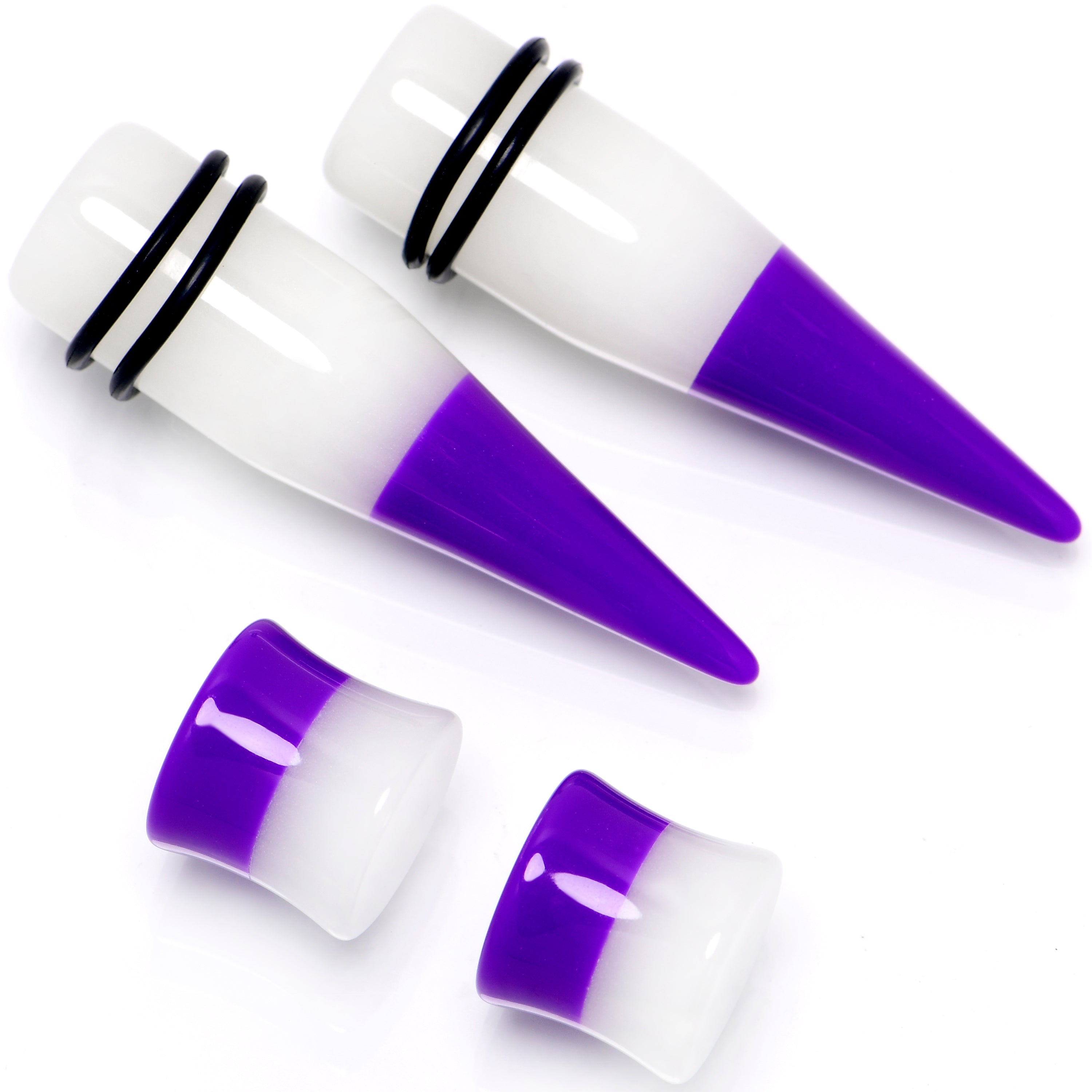 Purple White Acrylic Glow in the Dark Taper Saddle Plug Set 8mm to 16mm Sizes
