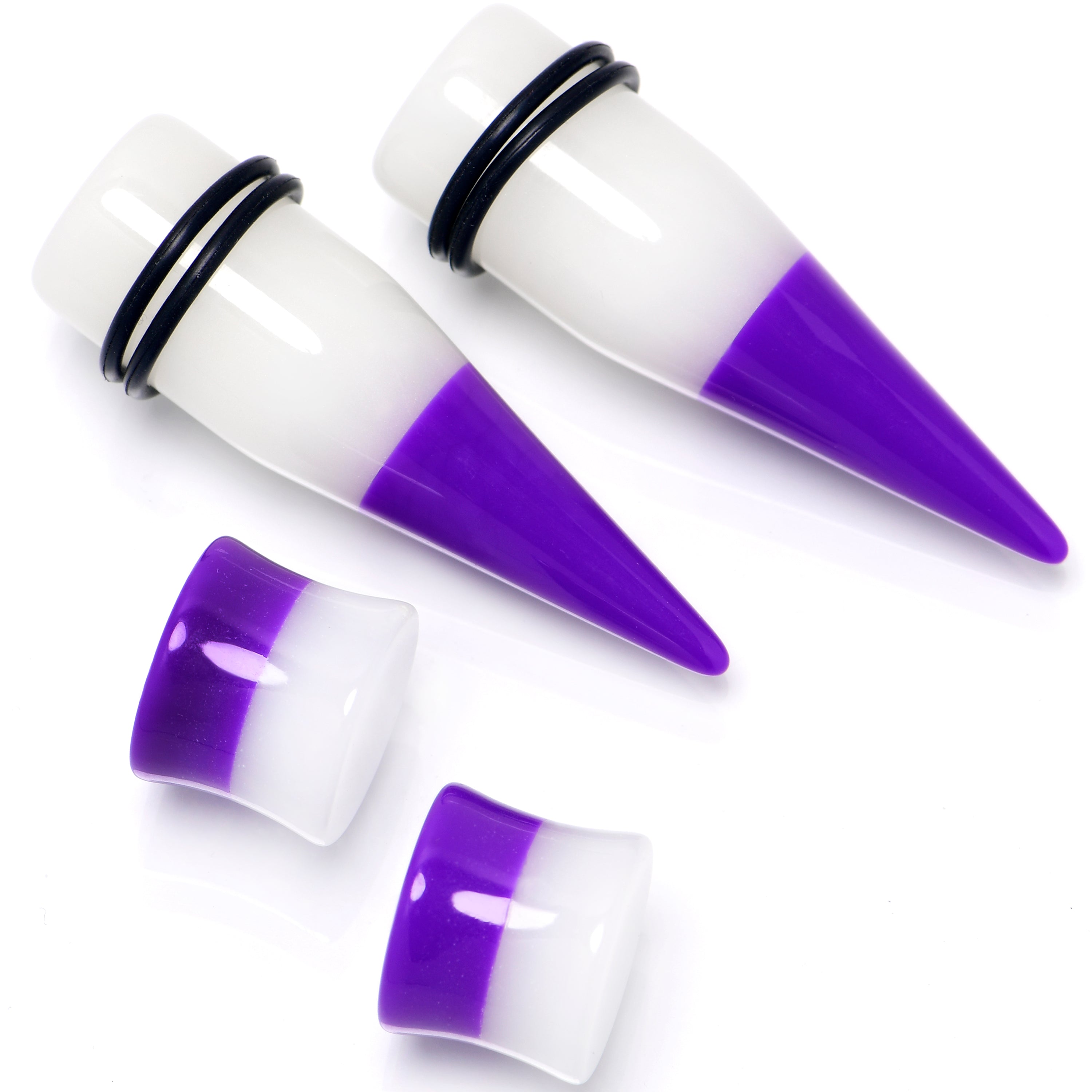 Purple White Acrylic Glow in the Dark Taper Saddle Plug Set 8mm to 16mm Sizes