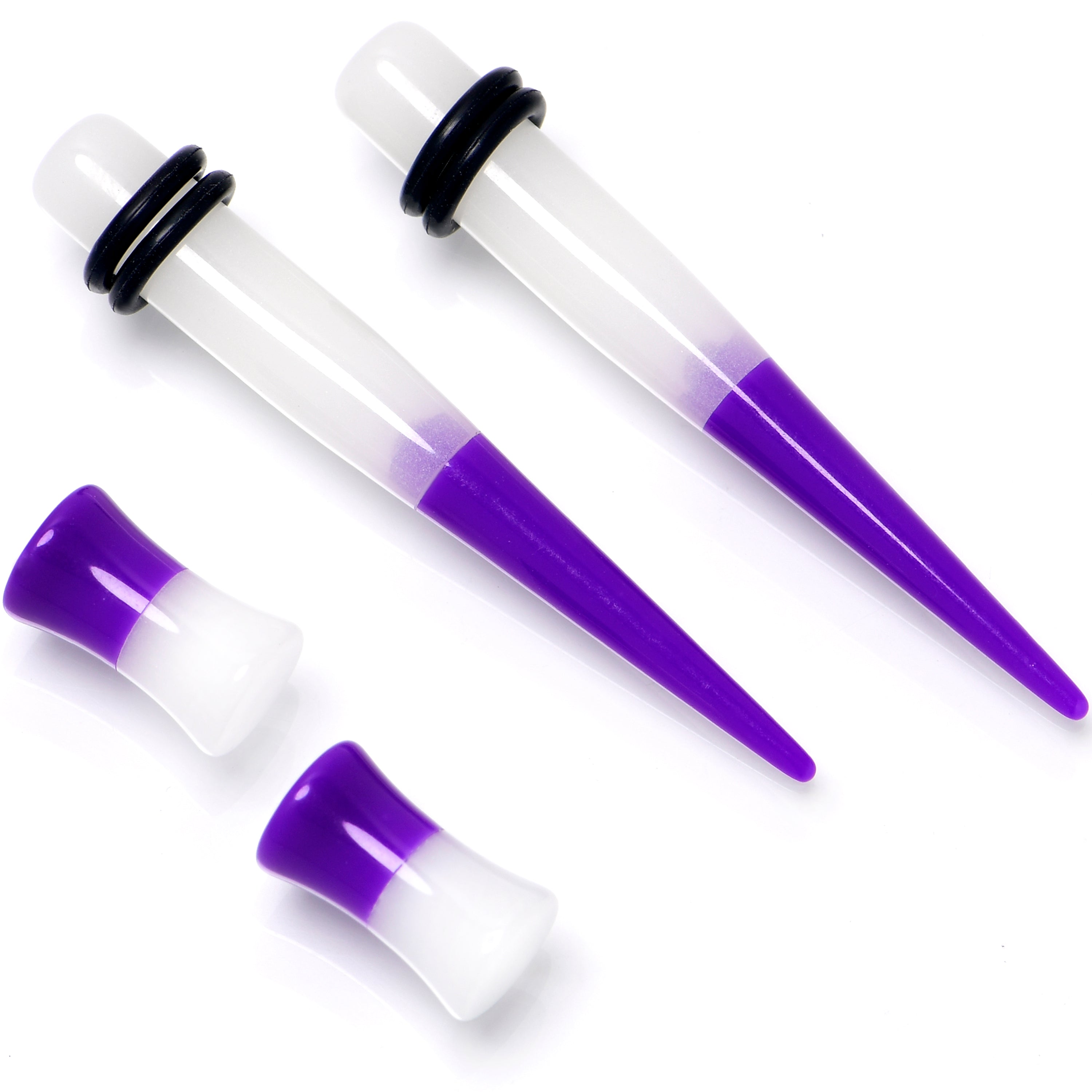 Purple White Acrylic Glow in the Dark Taper Saddle Plug Set 8mm to 16mm Sizes