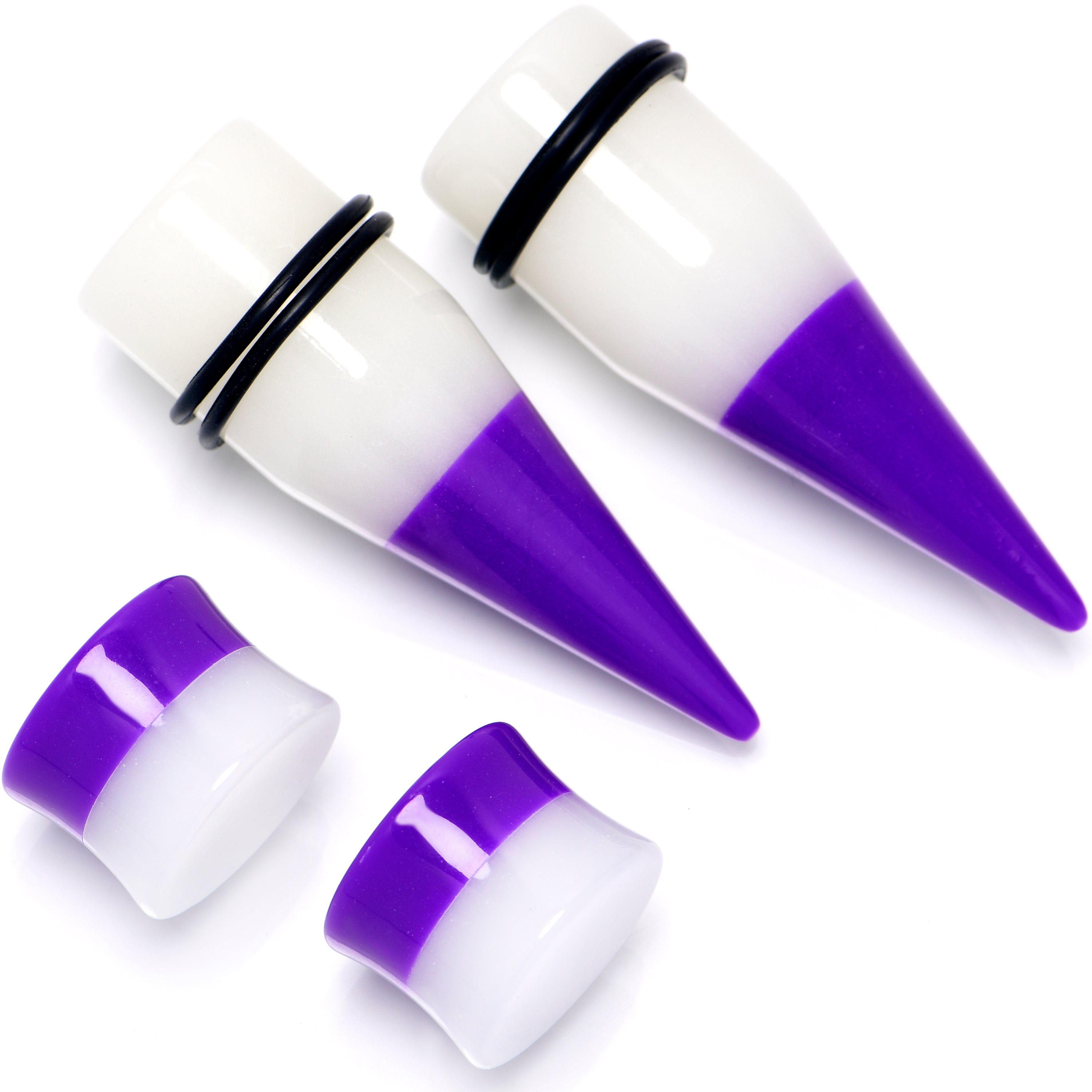 Purple White Acrylic Glow in the Dark Taper Saddle Plug Set 8mm to 16mm Sizes