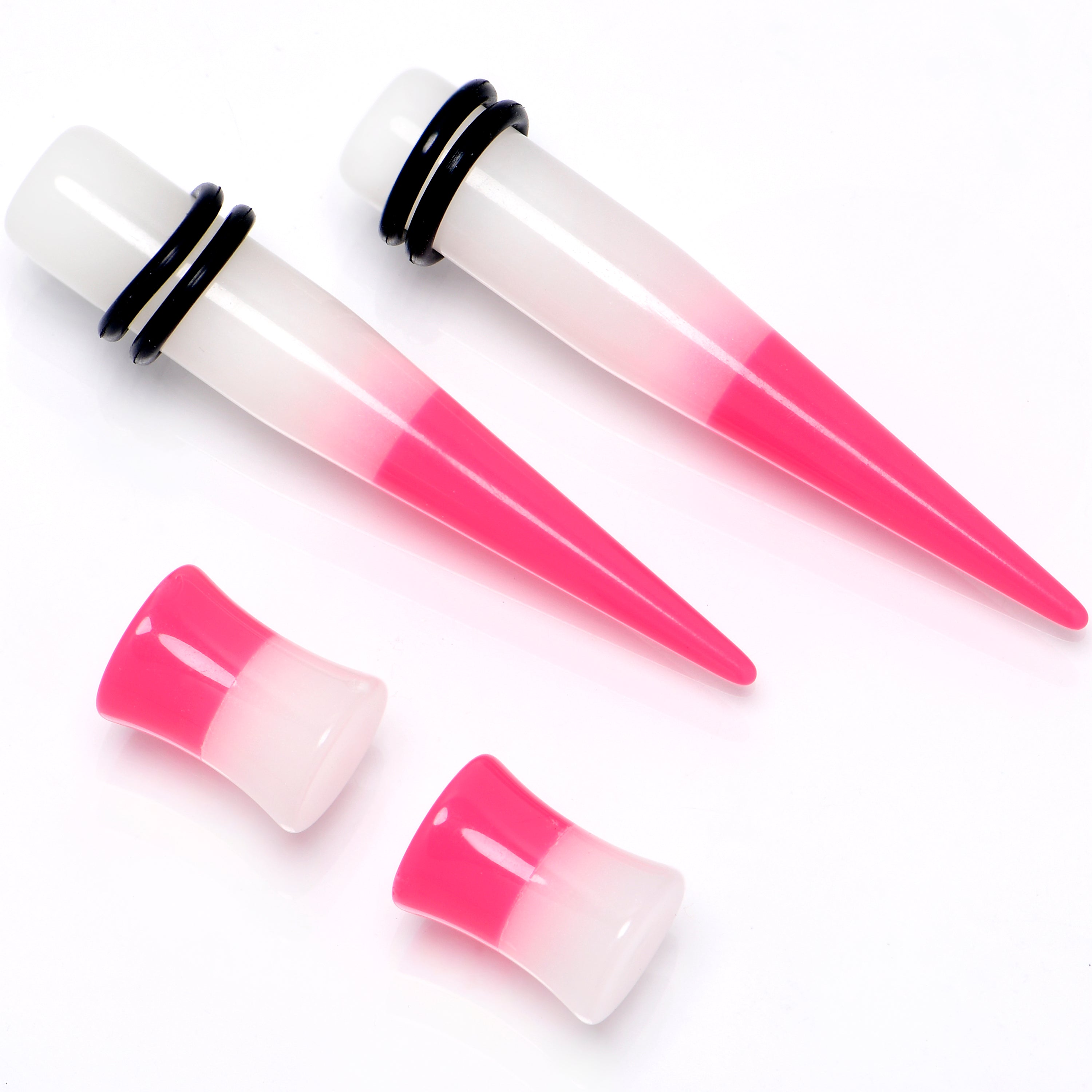 Pink White Acrylic Glow in the Dark Taper Saddle Plug Set 8mm to 16mm Sizes