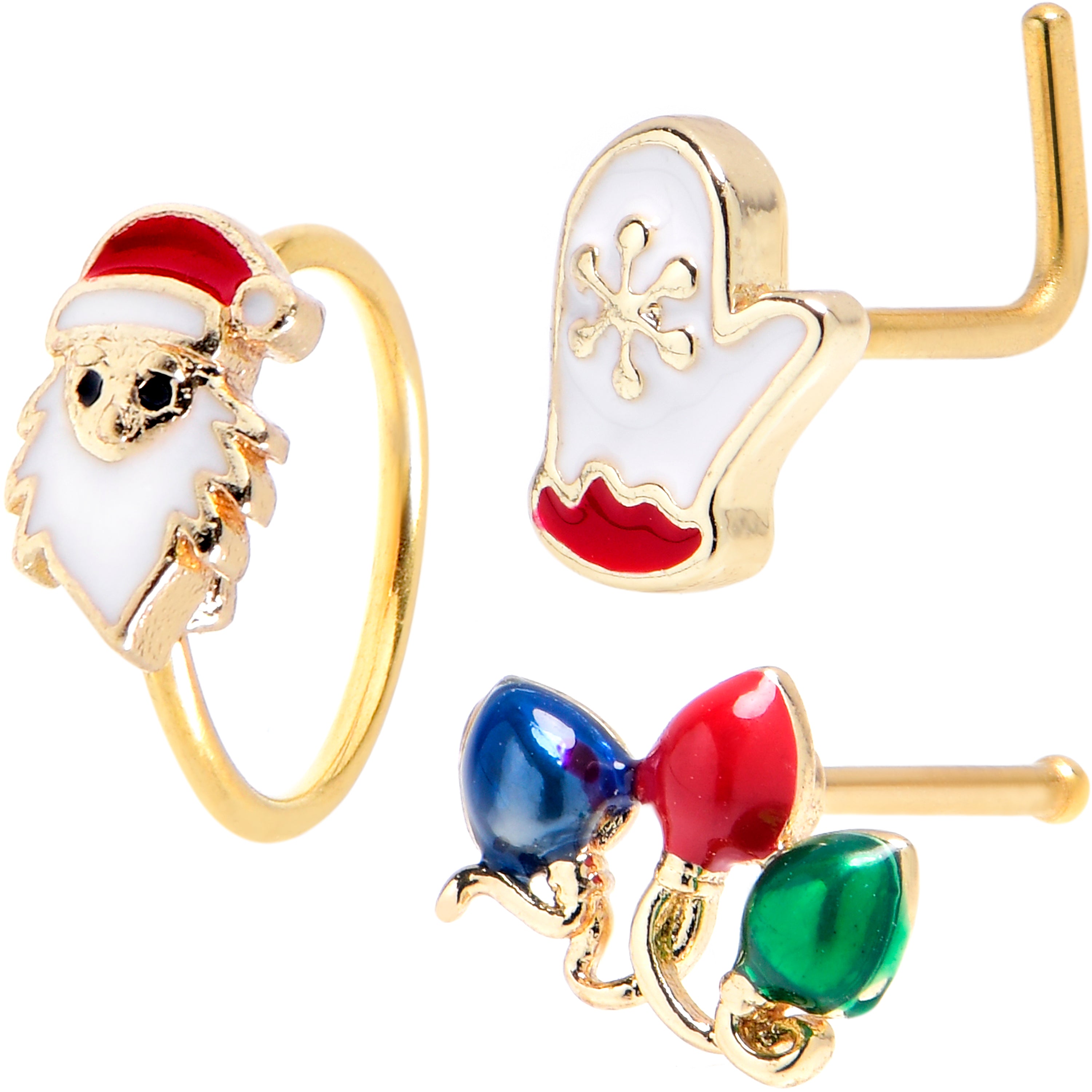 20G Gold Tone Santa Mitten Lights Nose Bone Hoop Set of 3