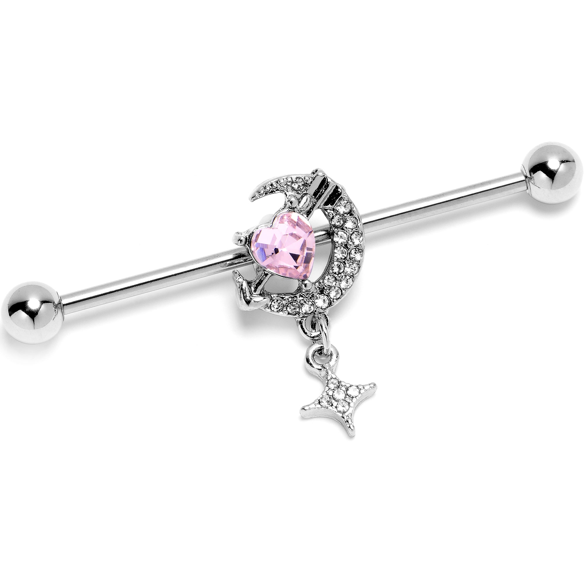 14G Pink Clear Gem Moon Lover Dangle Industrial Barbell 38mm