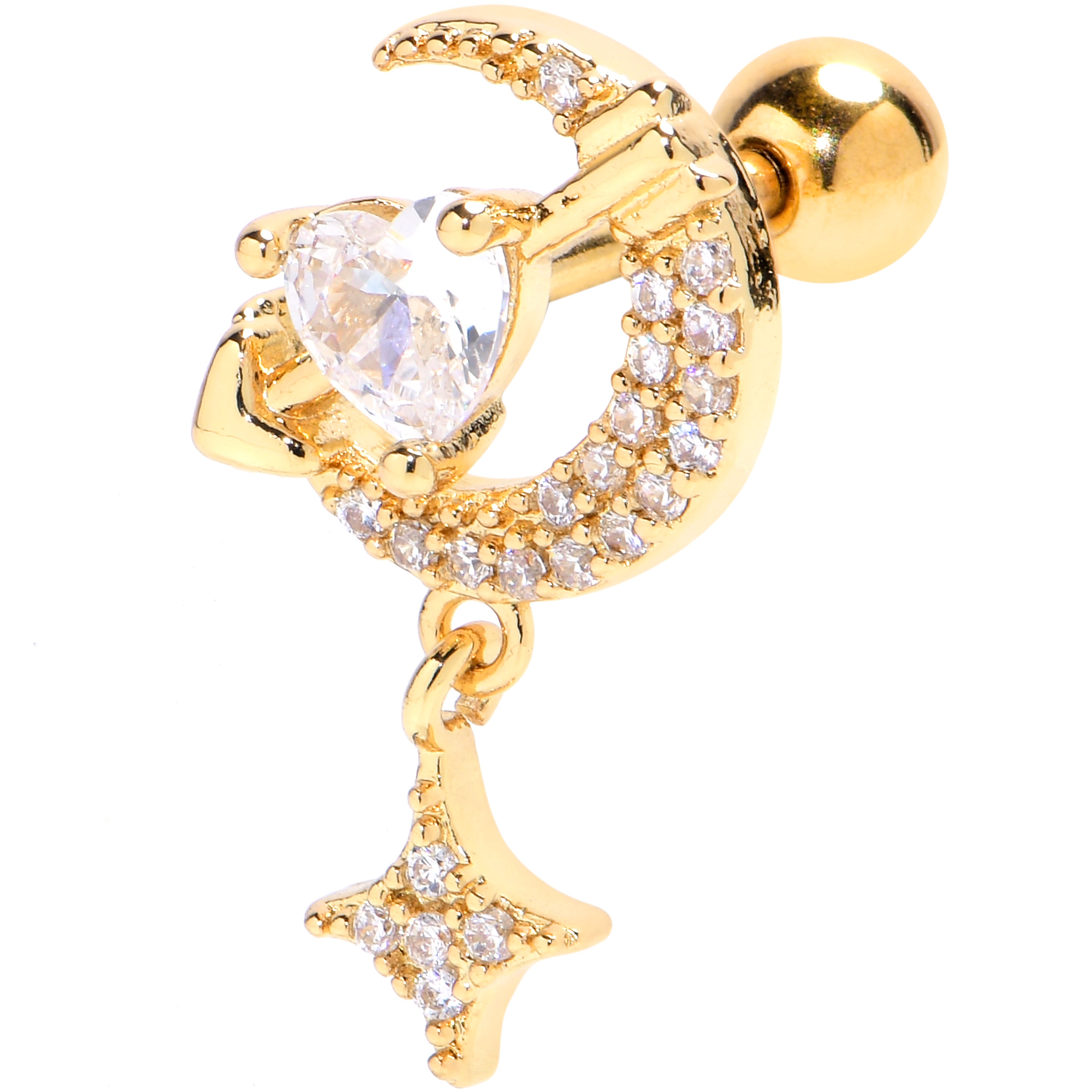 16G 1/4 Clear CZ Gem Gold Tone Moon Lover Cartilage Tragus Earring