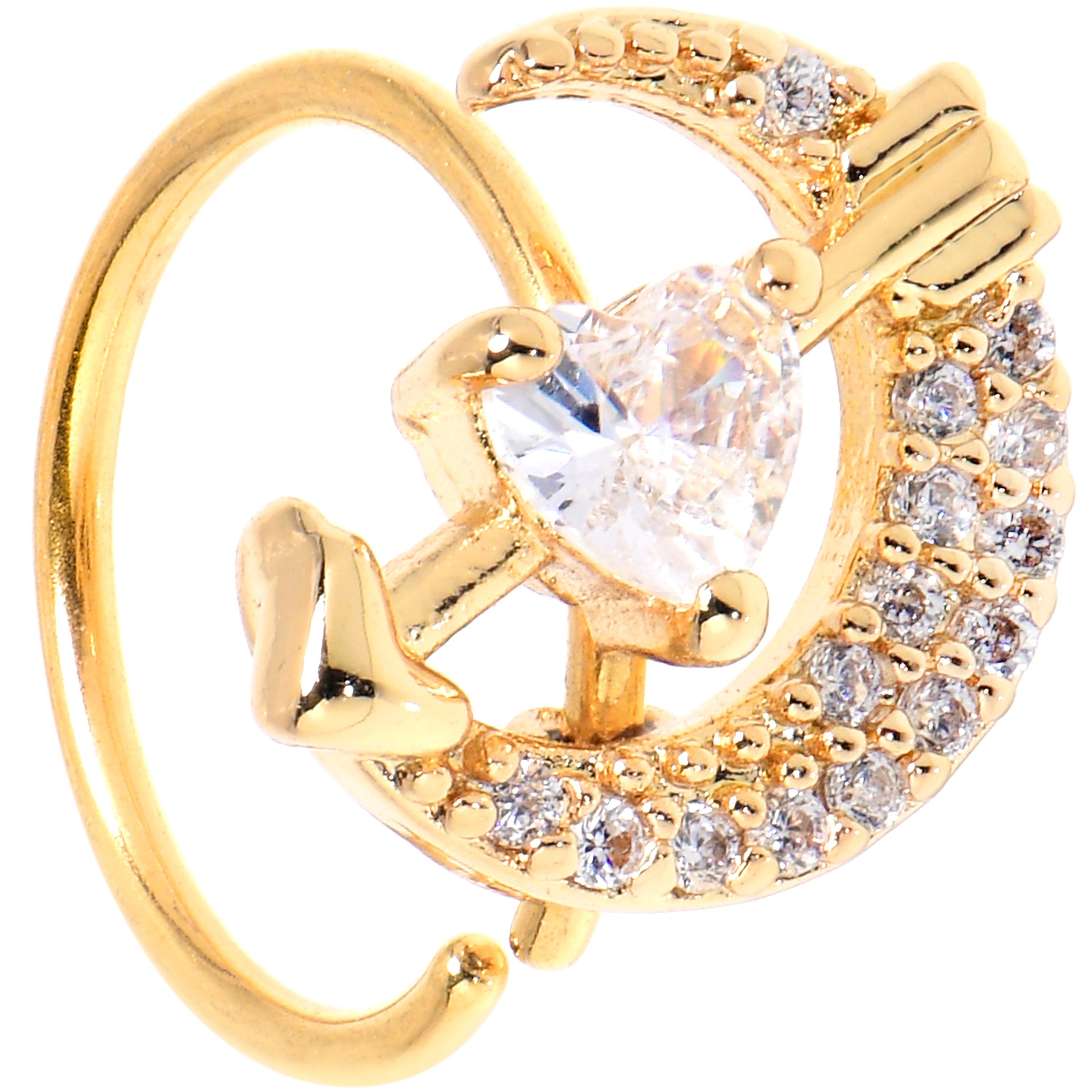 20G 5/16 Clear CZ Gem Gold Tone Moon Lover Nose Hoop