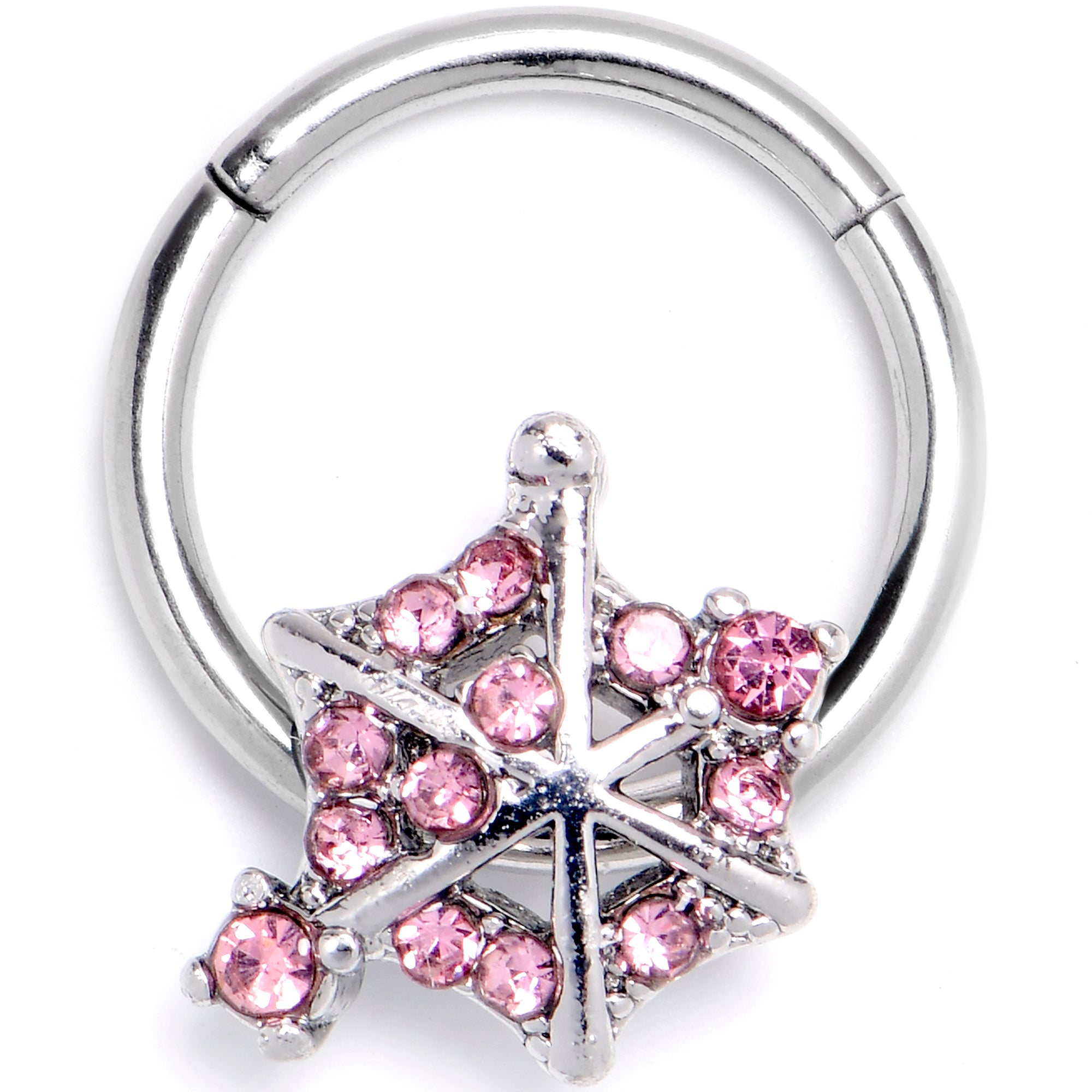 16G 3/8 Pink Gem Spiderweb Goth Hinged Segment Ring