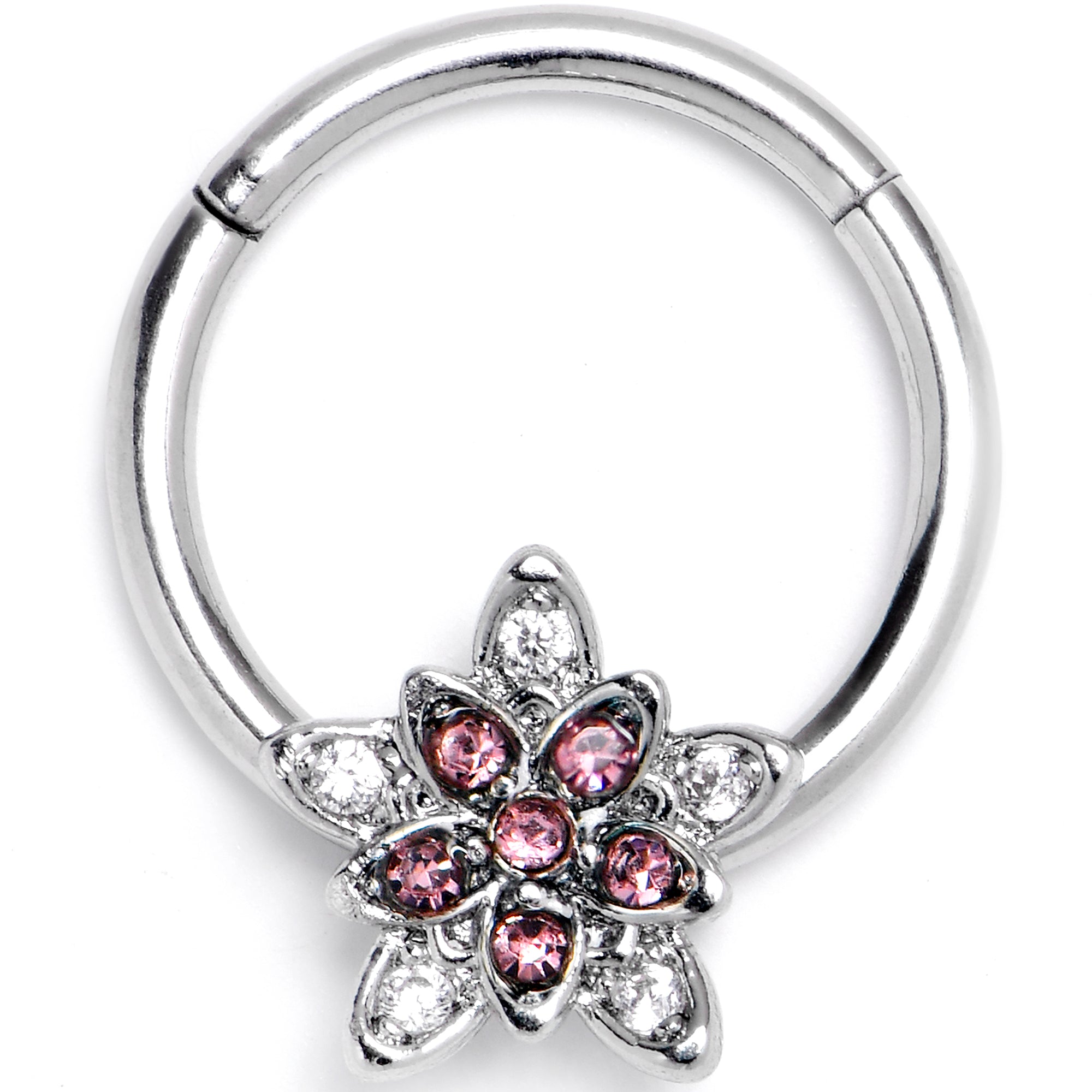16G 3/8 Pink Clear CZ Gem Snowflake Flower Hinged Segment Ring