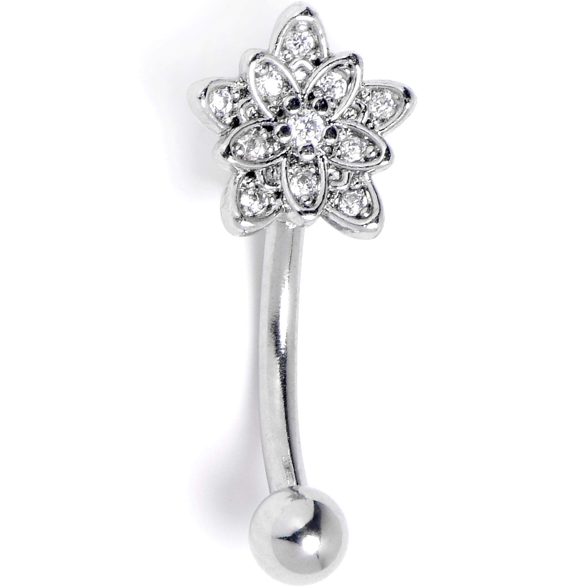 16G 5/16 Clear CZ Gem Snowflake Flower Curved Eyebrow Ring