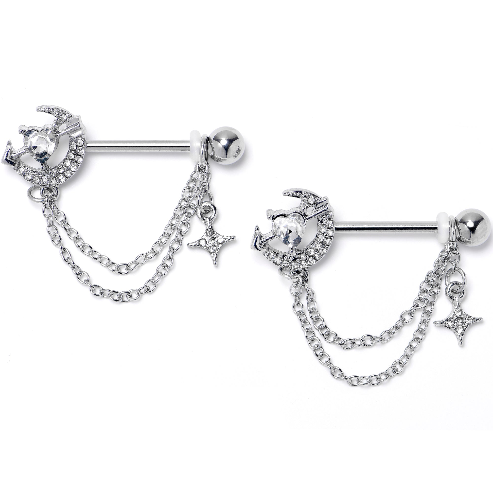 14G 9/16 Clear Gem Moon Lover Chain Dangle Nipple Ring Set