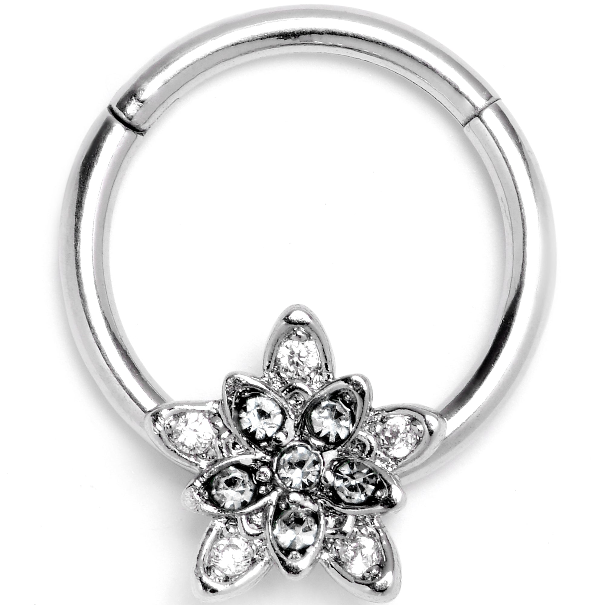 16G 3/8 Clear CZ Gem Snowflake Flower Hinged Segment Ring