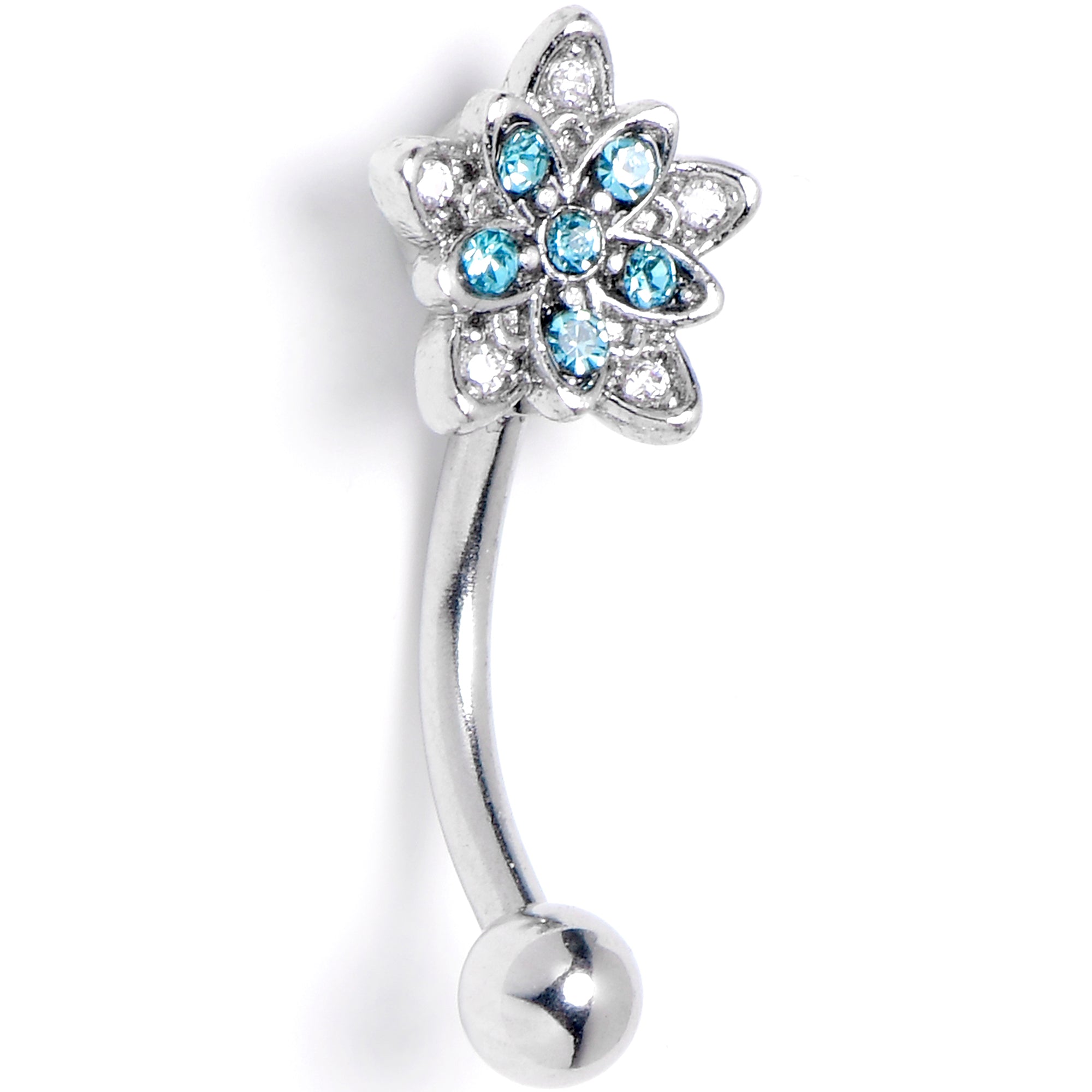 16G 5/16 Clear Blue CZ Gem Snowflake Flower Curved Eyebrow Ring
