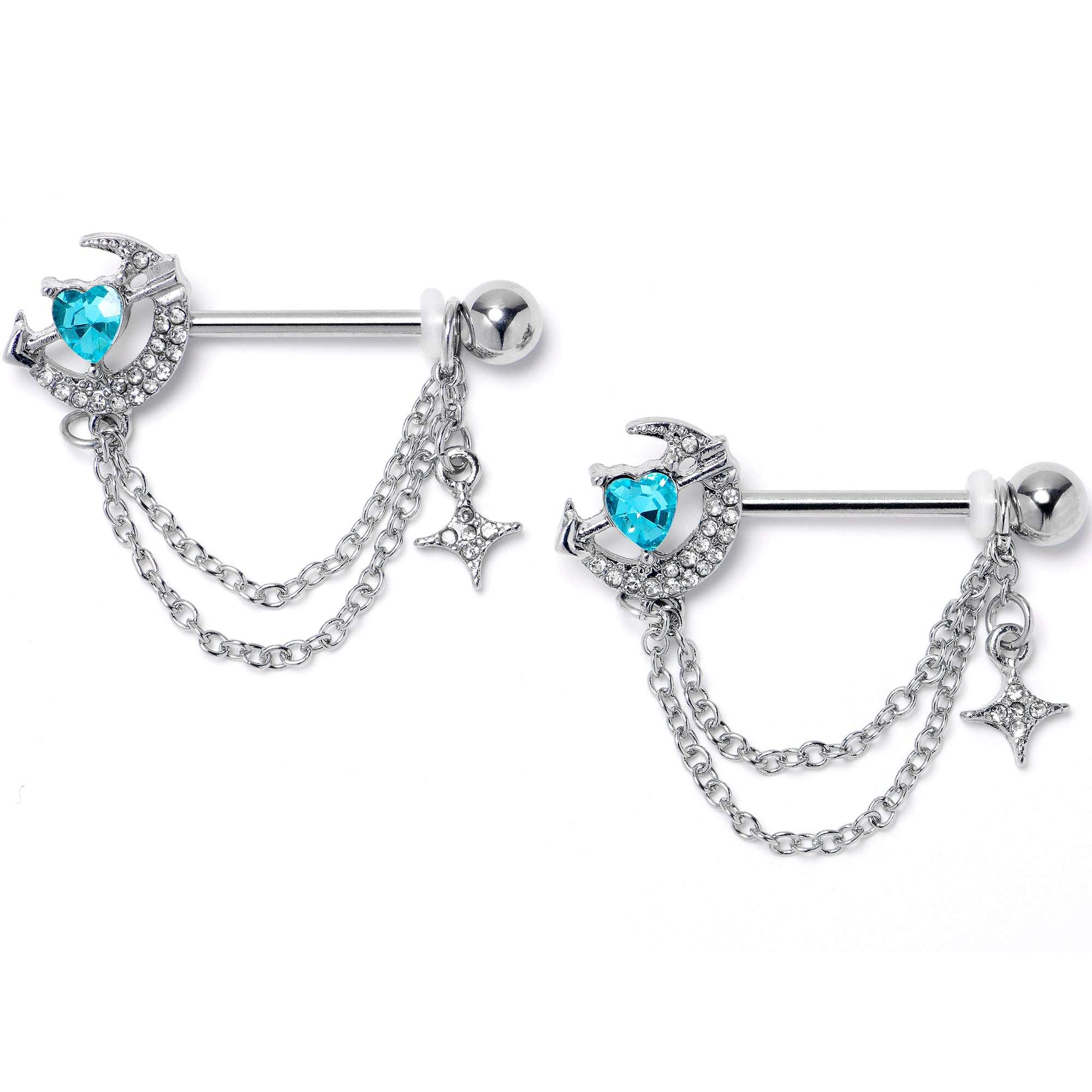 14G 9/16 Blue Clear Gem Moon Lover Chain Dangle Nipple Ring Set