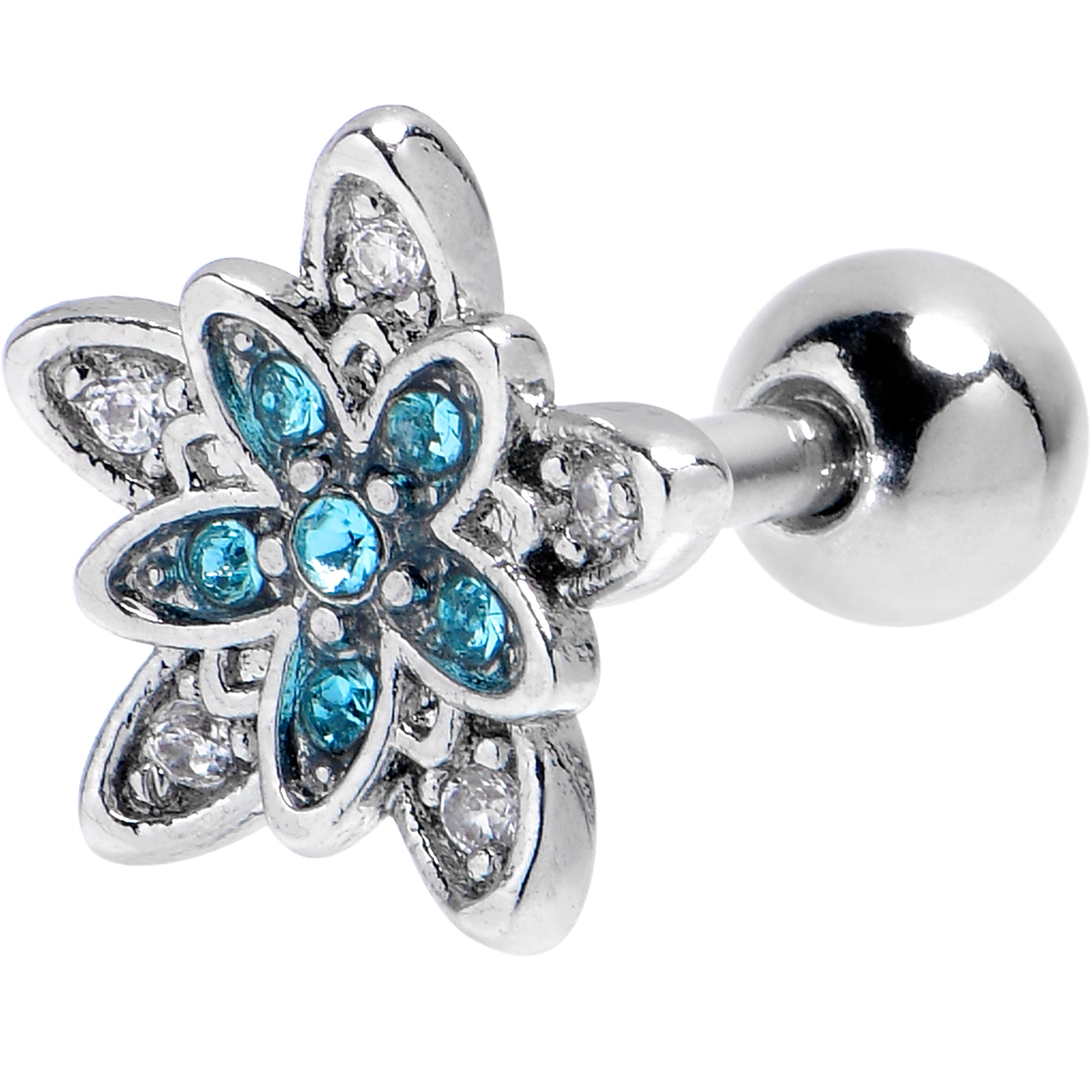 16G 1/4 Blue CZ Gem Snowflake Flower Cartilage Tragus Earring