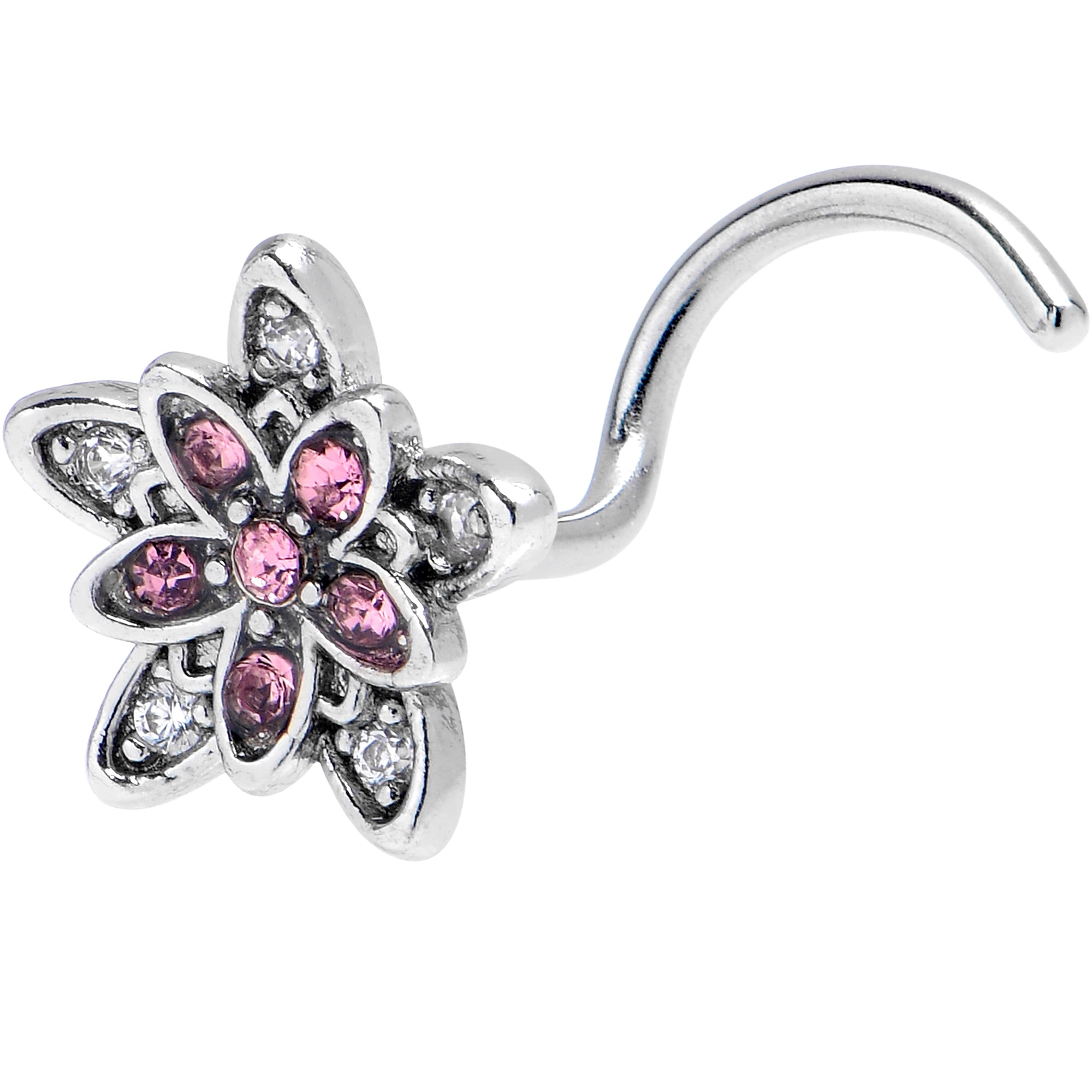 20G 7mm Pink CZ Gem Snowflake Flower Left Side Nose Screw