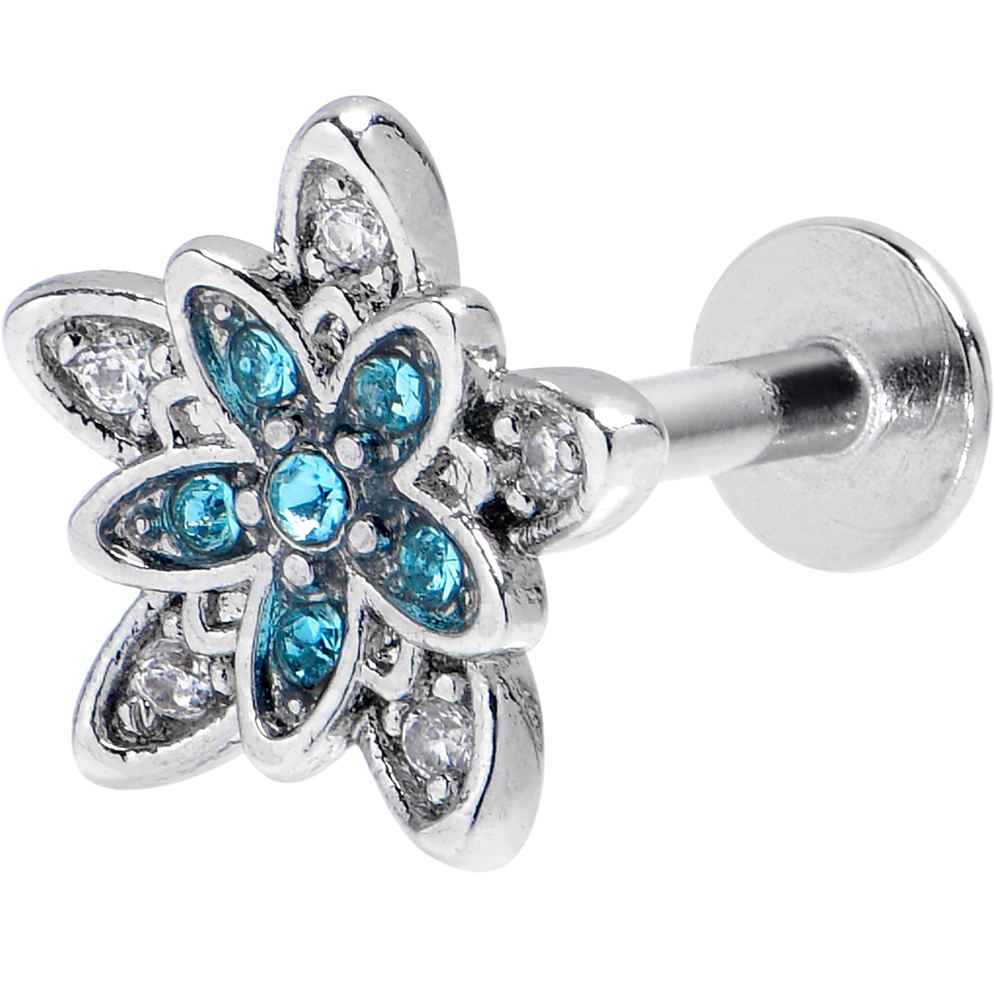 16G 5/16 Blue CZ Gem Snowflake Flower Labret Monroe Tragus