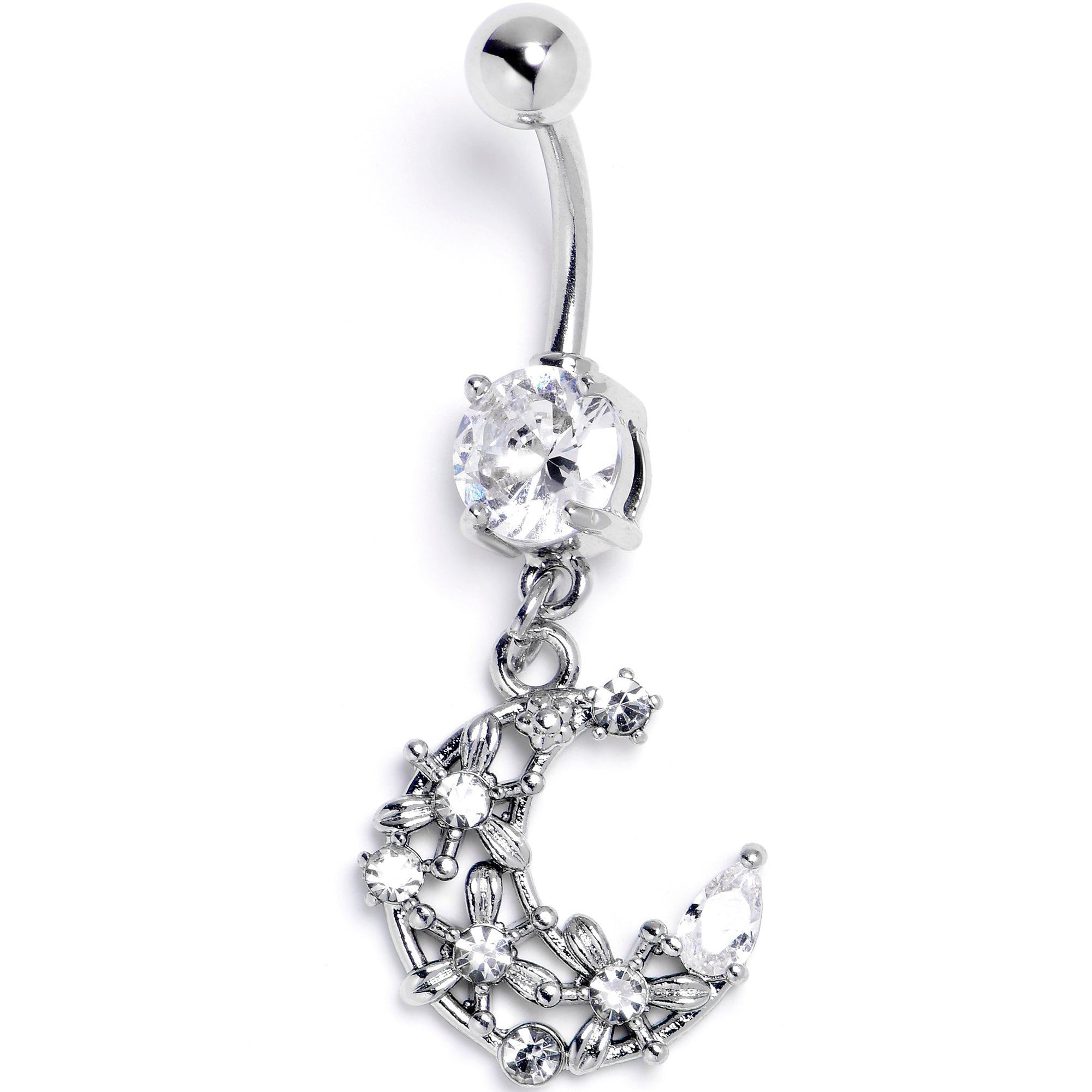 Clear Gem Flower Moon Dangle Belly Ring