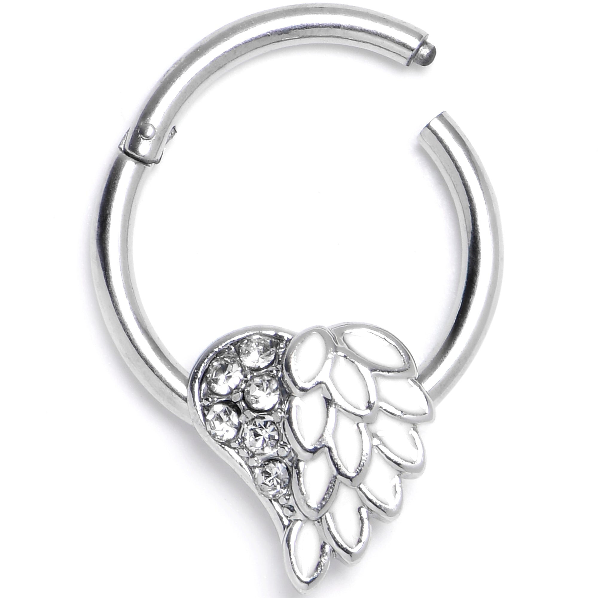 16G 3/8 White Heavenly Heart Angel Wings Hinged Segment Ring