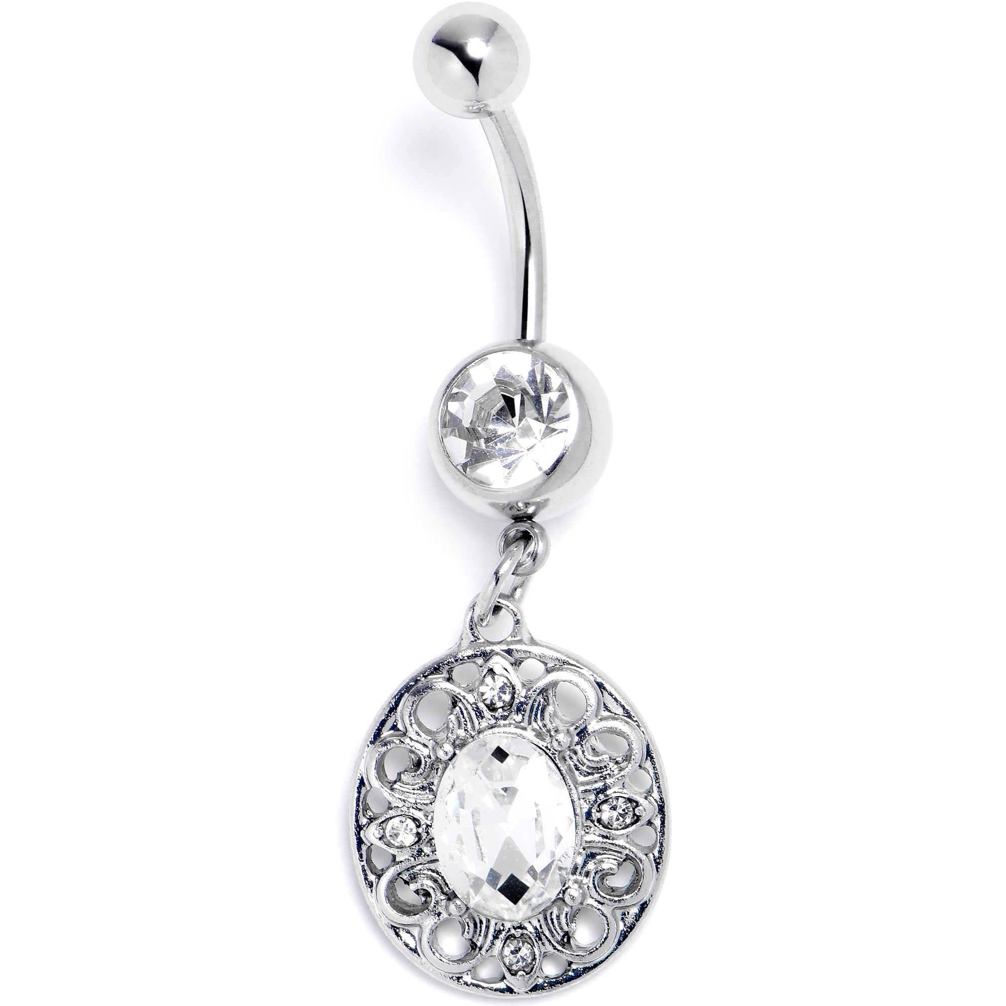 Clear Gem Flower Oval Elegance Dangle Belly Ring