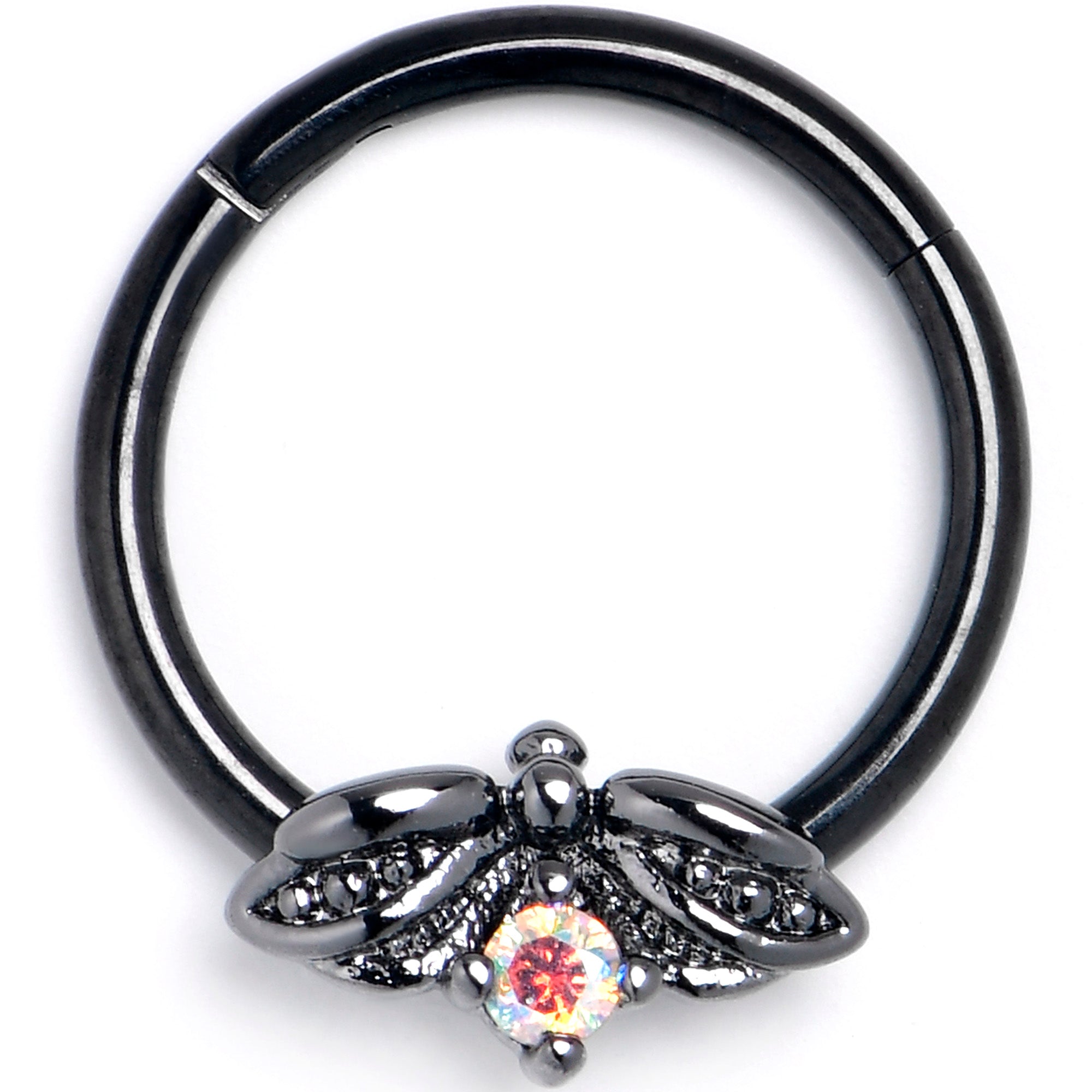 16G 3/8 Aurora Gem Black Beauty Bug Hinged Segment Ring