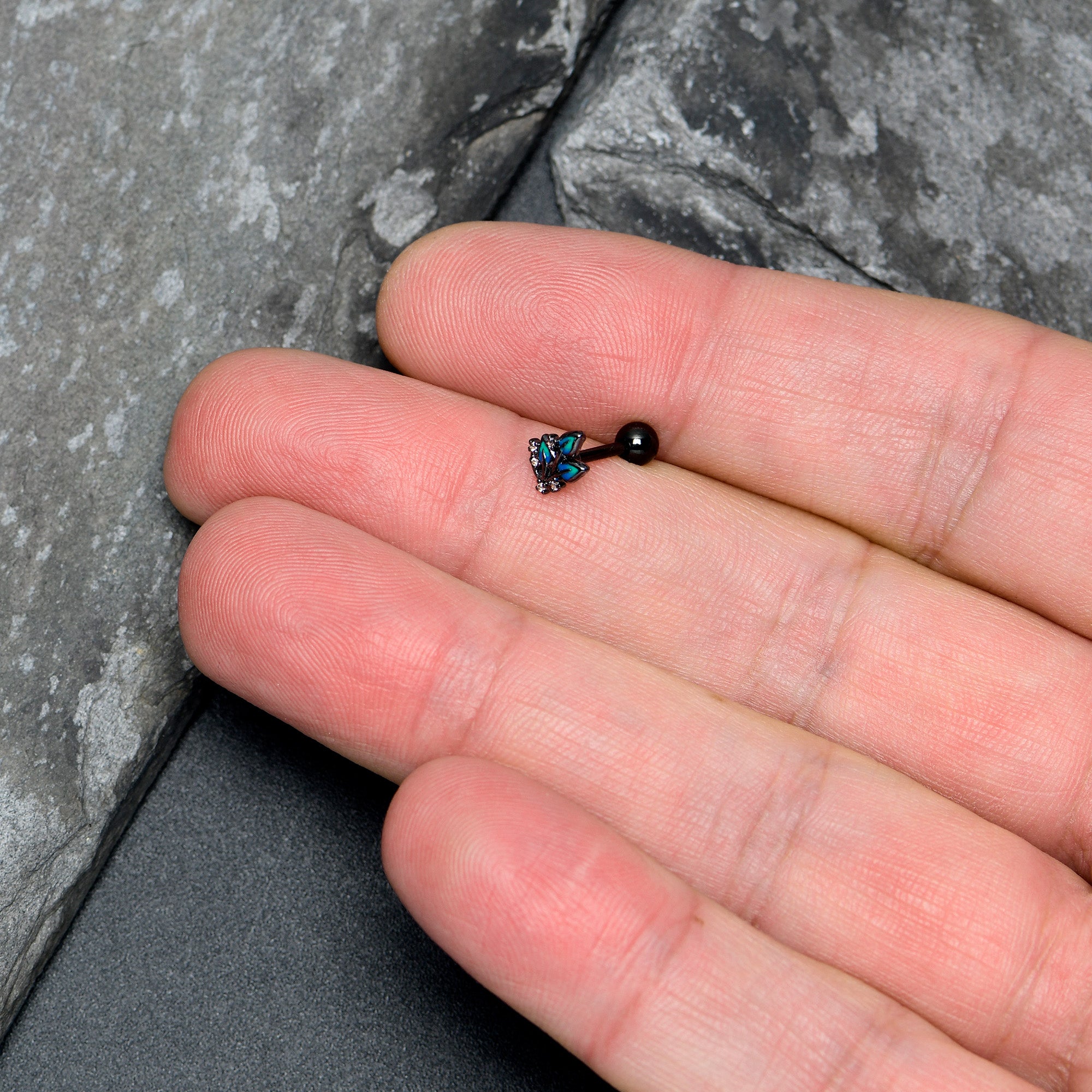 16G 1/4 Clear CZ Gem Black Lush Leaves Cartilage Tragus Earring