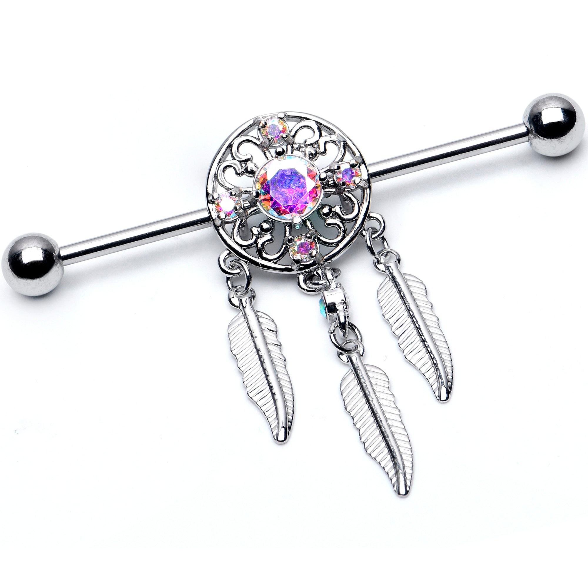 14G Aurora CZ Gem Dreamcatcher Dangle Industrial Barbell 38mm