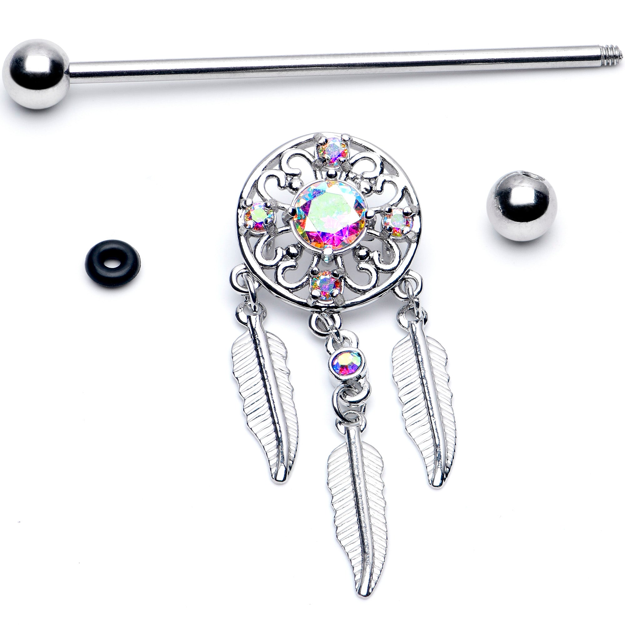 14G Aurora CZ Gem Dreamcatcher Dangle Industrial Barbell 38mm