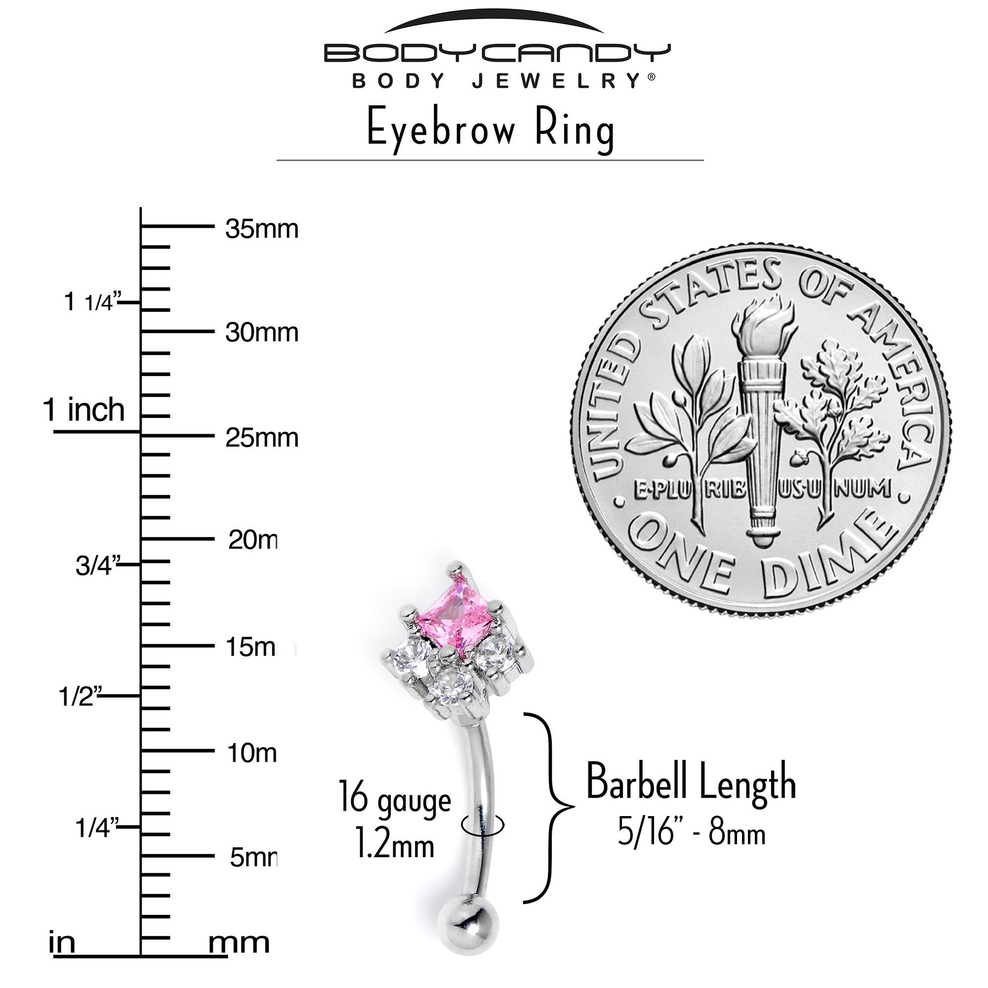 16G 5/15 Clear Pink CZ Gem Rhombus Riot Curved Eyebrow Ring