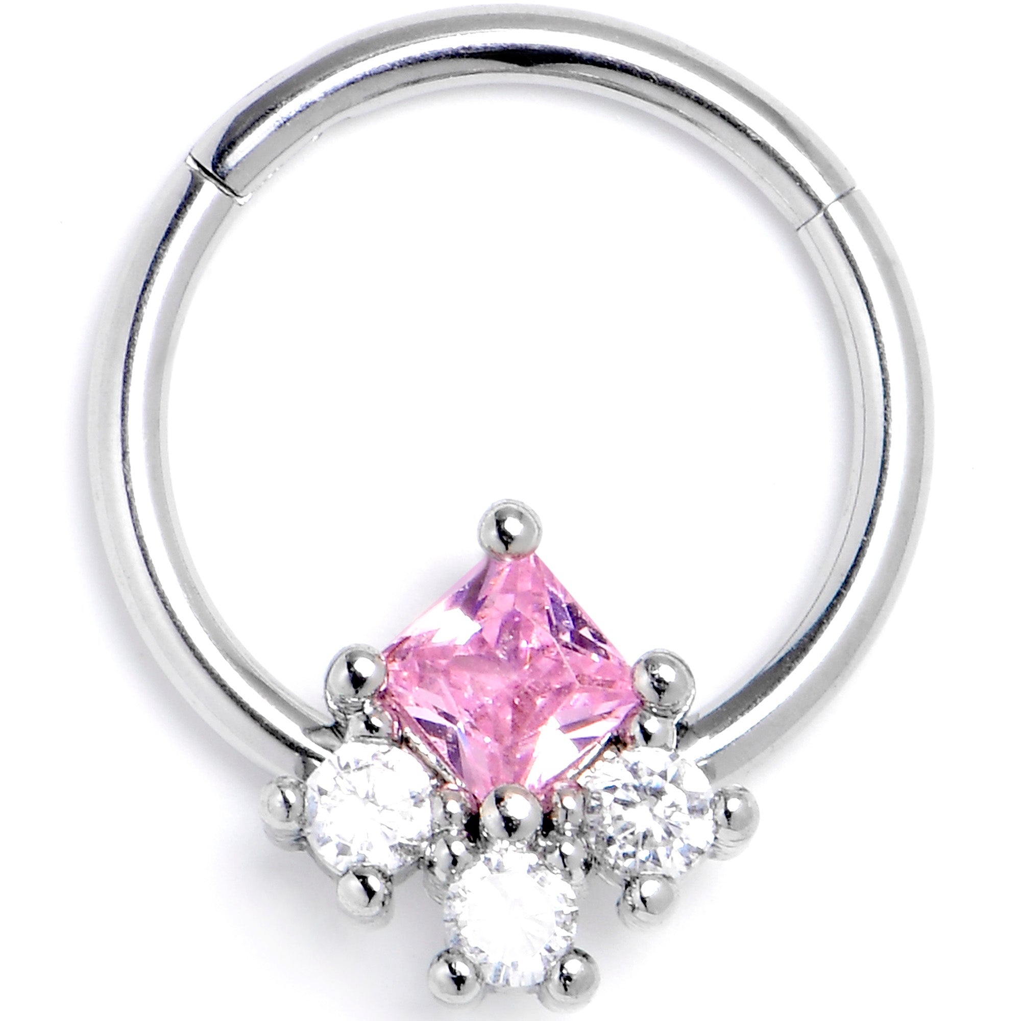 16G 3/8 Pink Clear CZ Gem Rhombus Riot Hinged Segment Ring