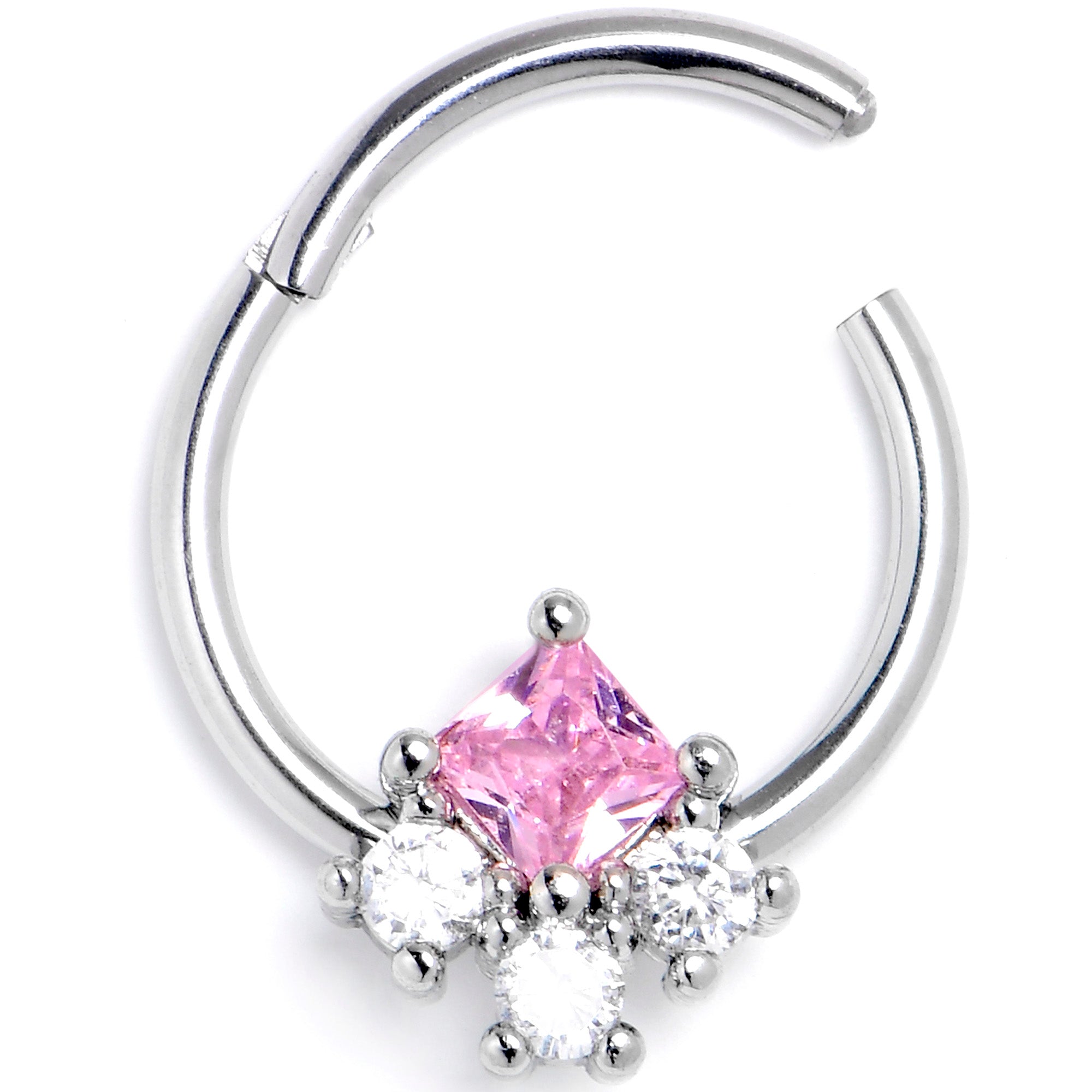 16G 3/8 Pink Clear CZ Gem Rhombus Riot Hinged Segment Ring