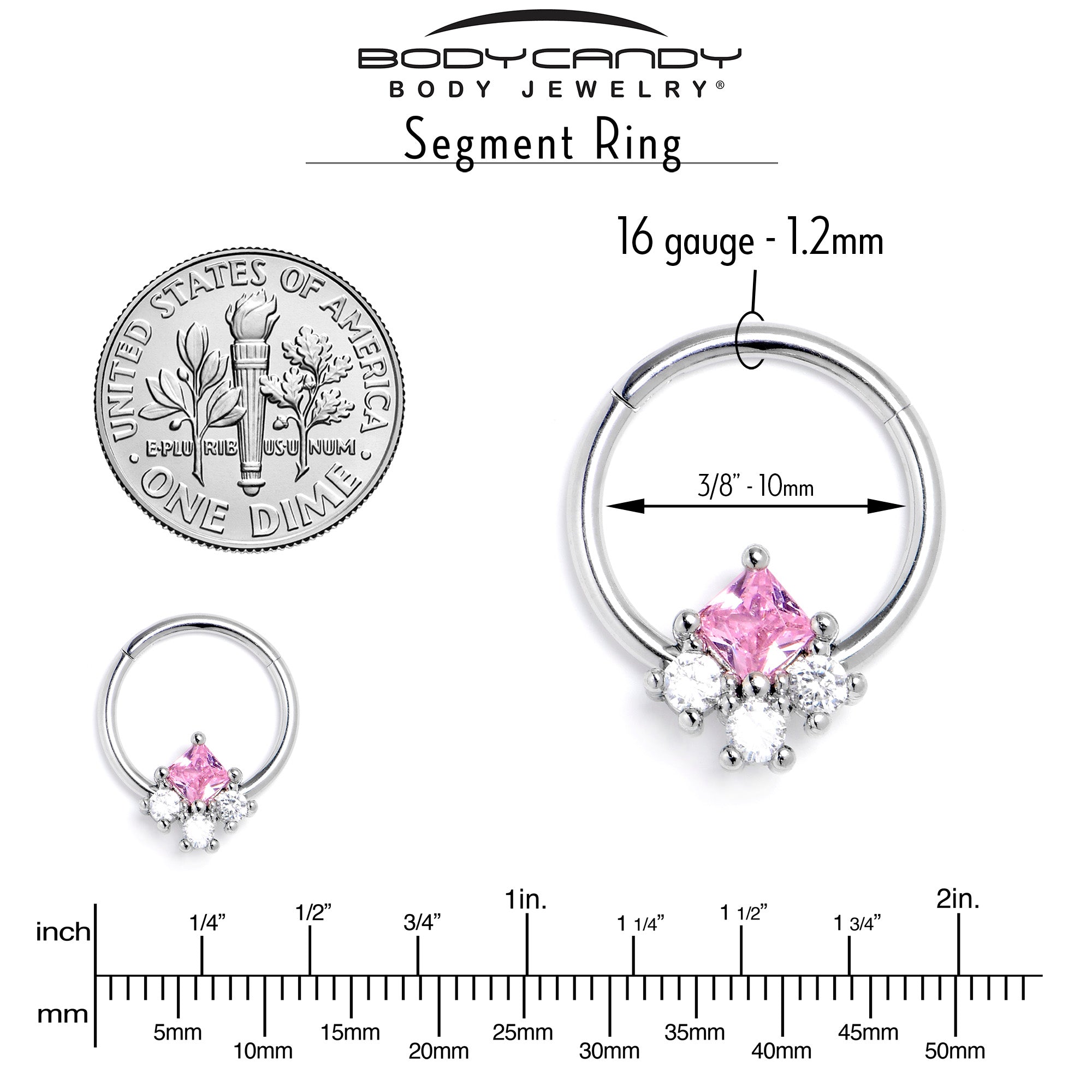 16G 3/8 Pink Clear CZ Gem Rhombus Riot Hinged Segment Ring