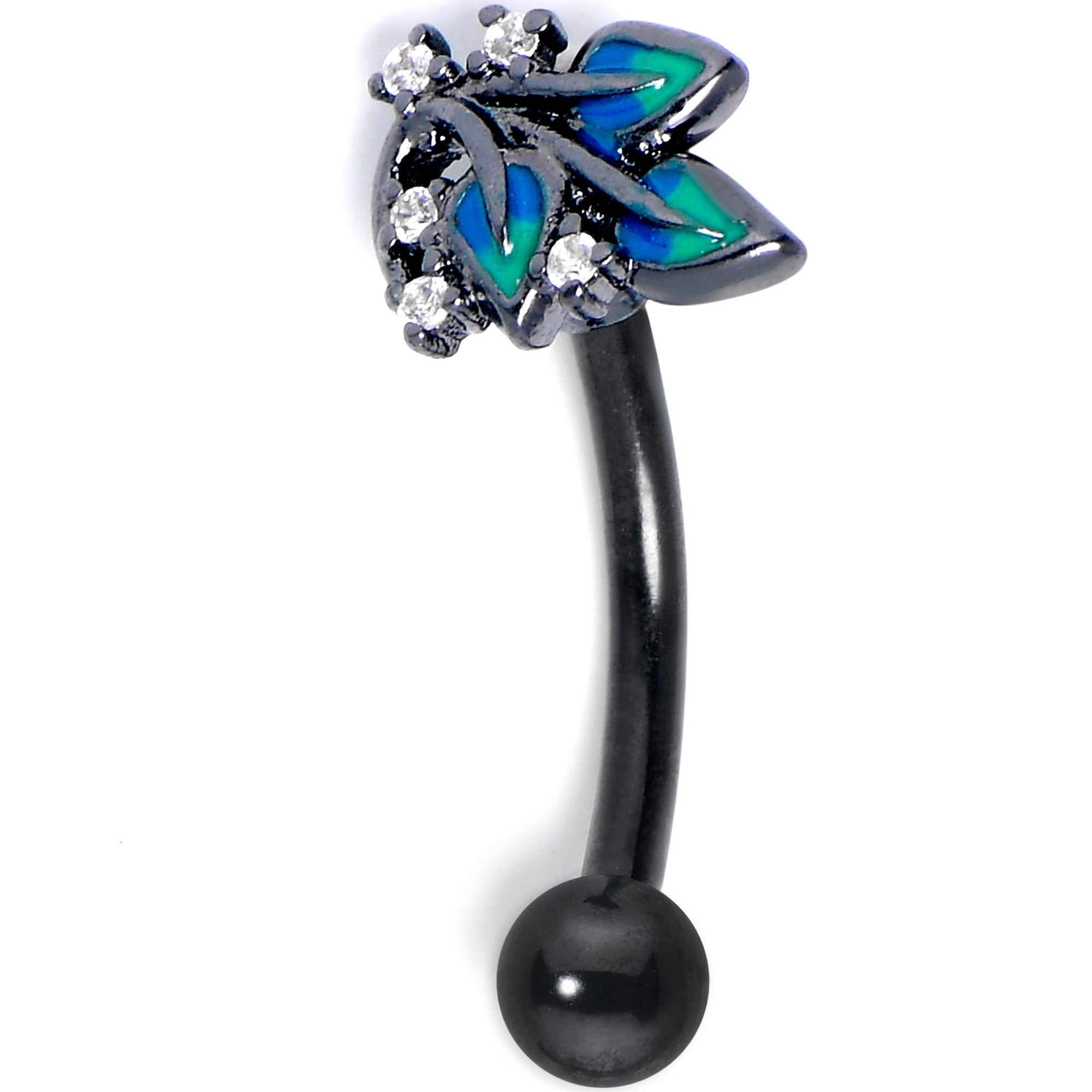 16G 5/16 Clear CZ Gem Black Lush Leaves Curved Eyebrow Ring